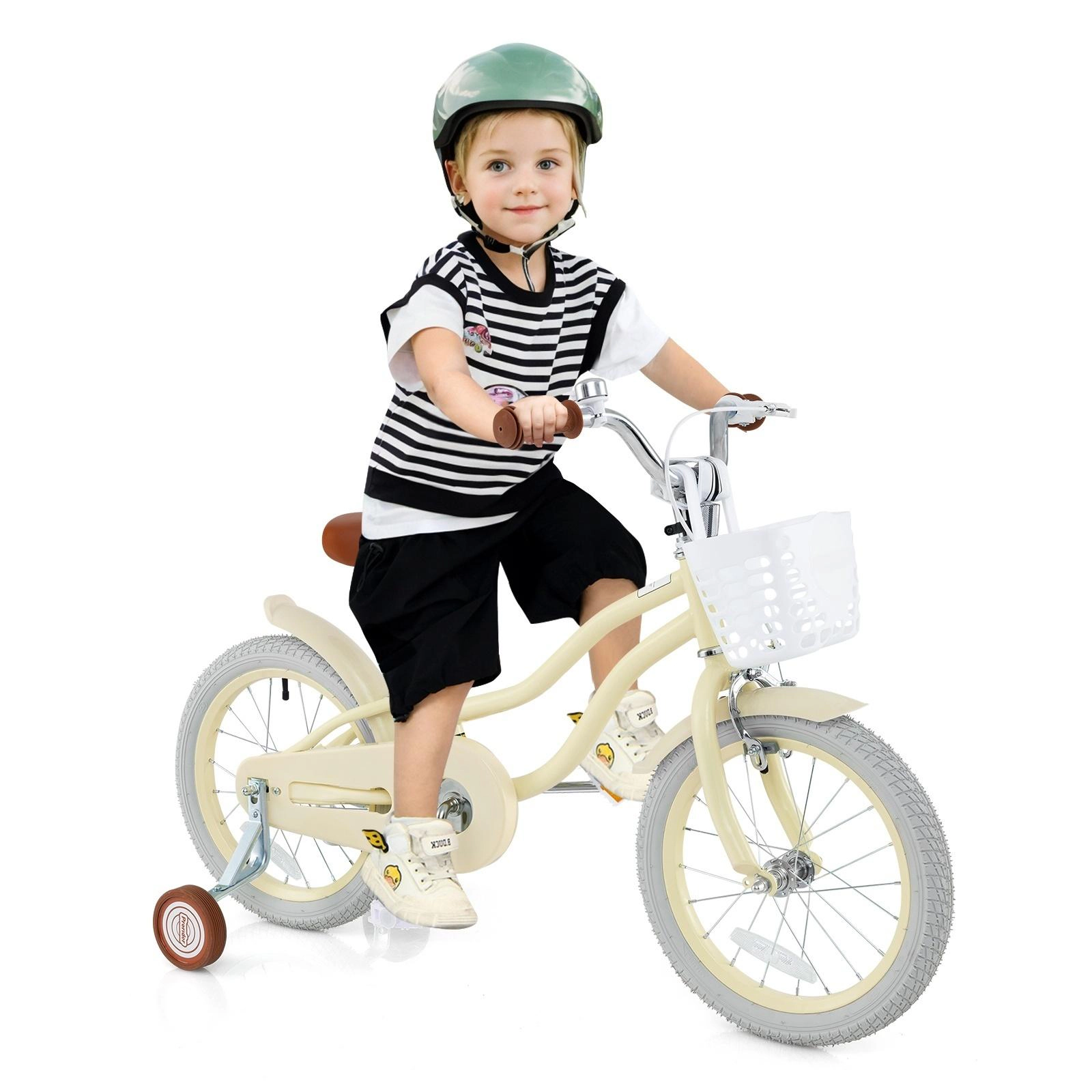 SUGIFT Beige Training Wheels Removable Storage Basket and Adjustable Seat Kids Bike