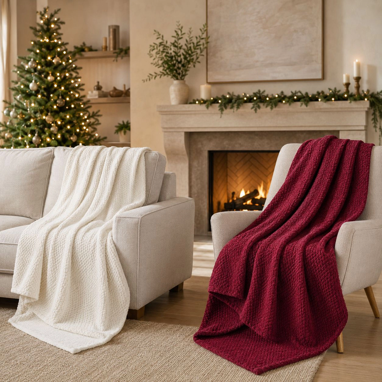 Kate Aurora 2 Pack Burgundy Ivory Christmas Coordinated Herringbone Accent Throw Blankets