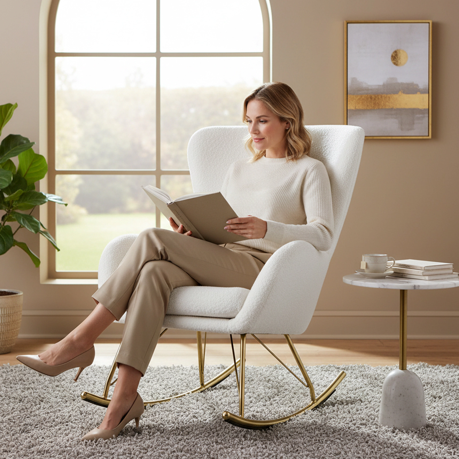 LJG Nursery Rocking Chair with Curved Backrest and Armrests