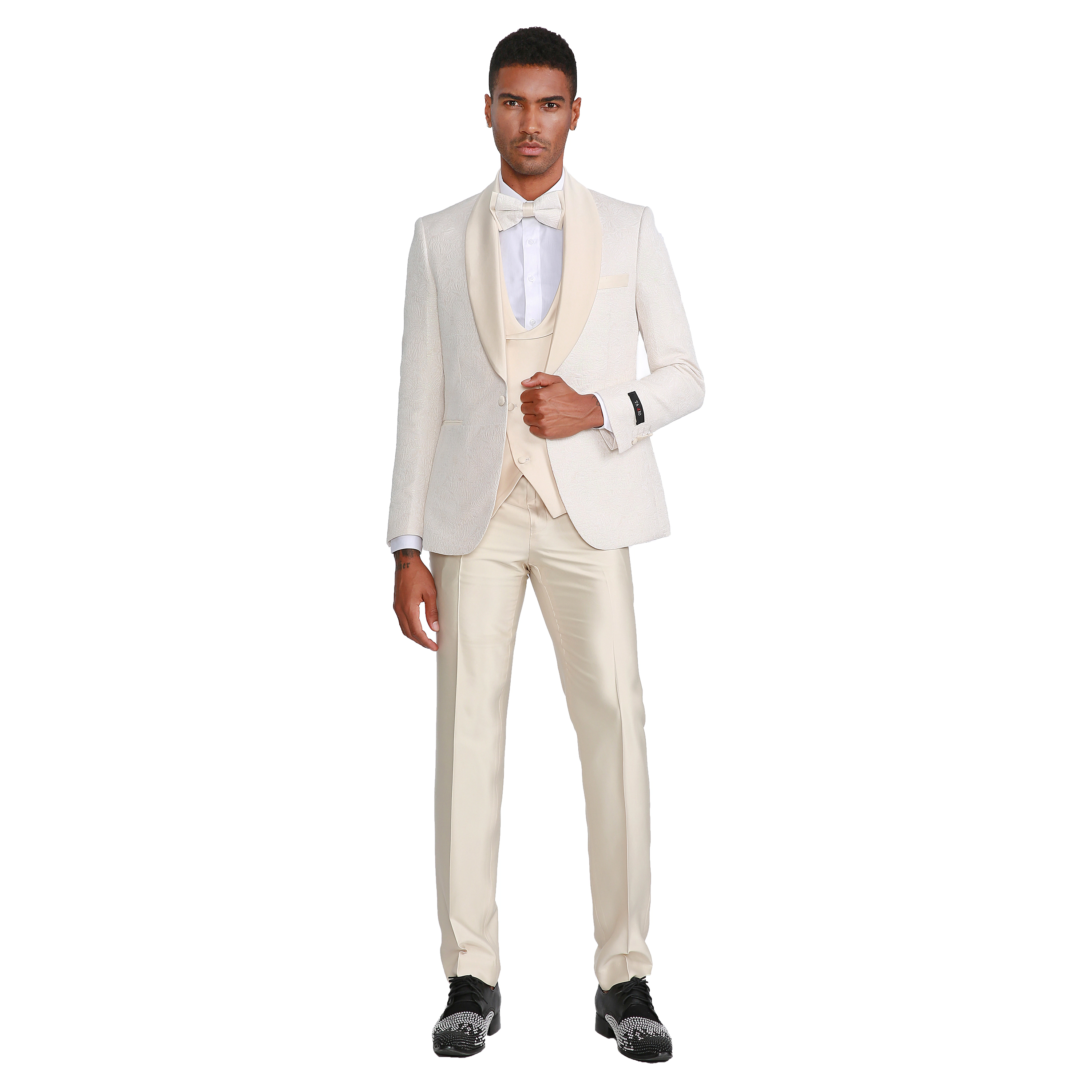 Tazzio Mens Skinny Fit Paisley Jacquard Fashion 3pc Suit Set With Bowtie