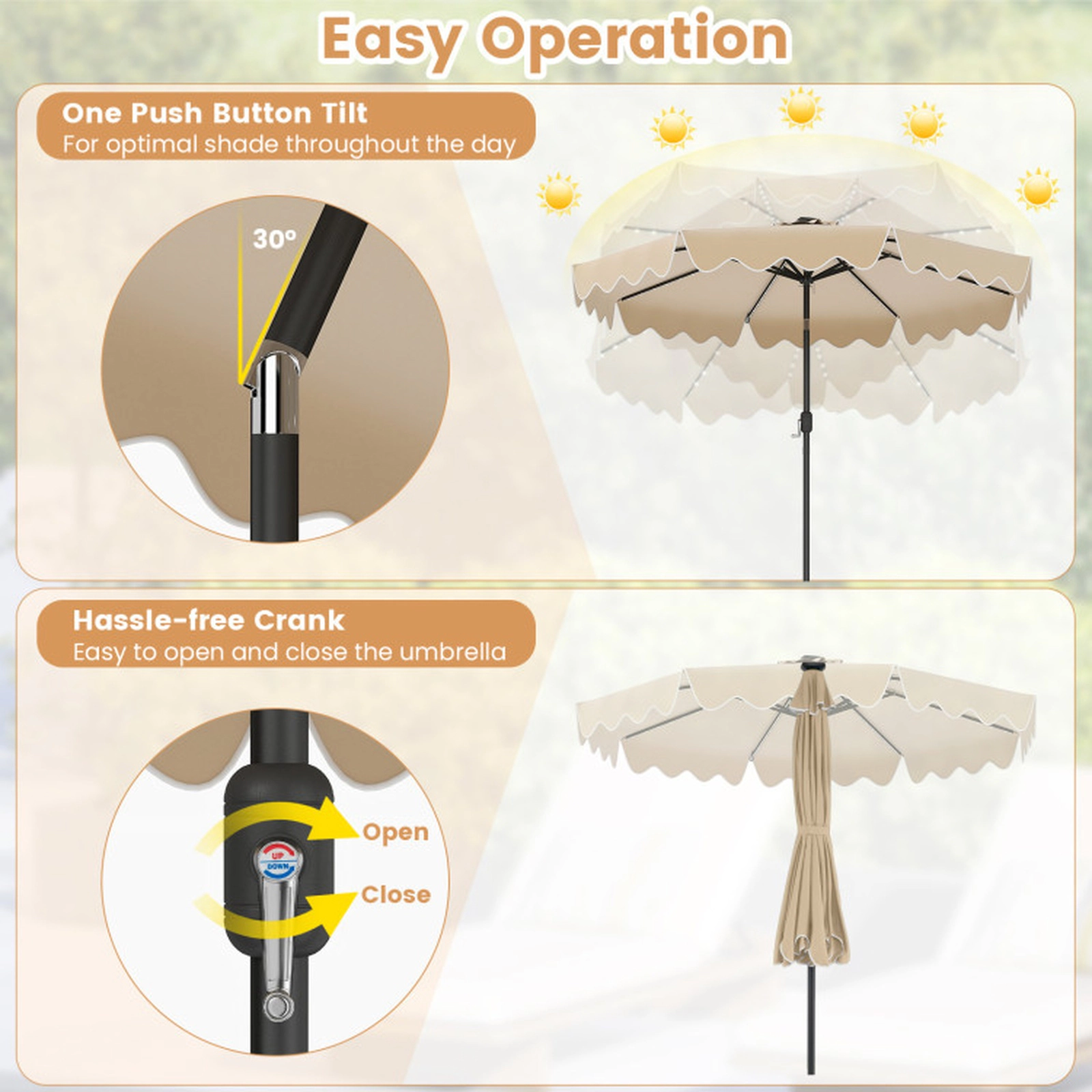 SUGIFT 10-ft Gray Solar Patio Umbrella with 112 Color-Changing LED Lights and Push Button Tilt 8.2-ft H