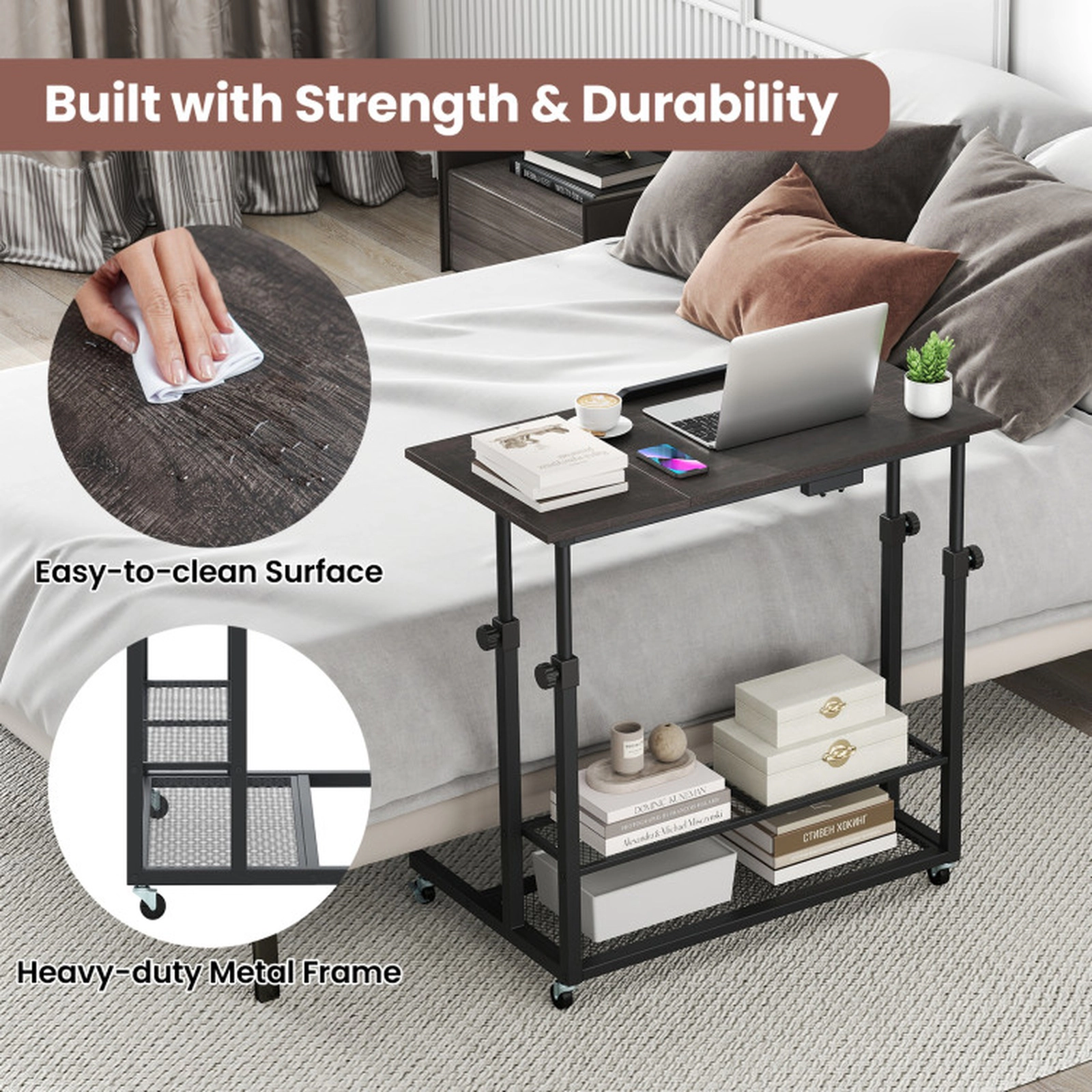 SUGIFT Black Oak Tilting Tabletop and 2 Storage Shelves Mobile Standing Desk