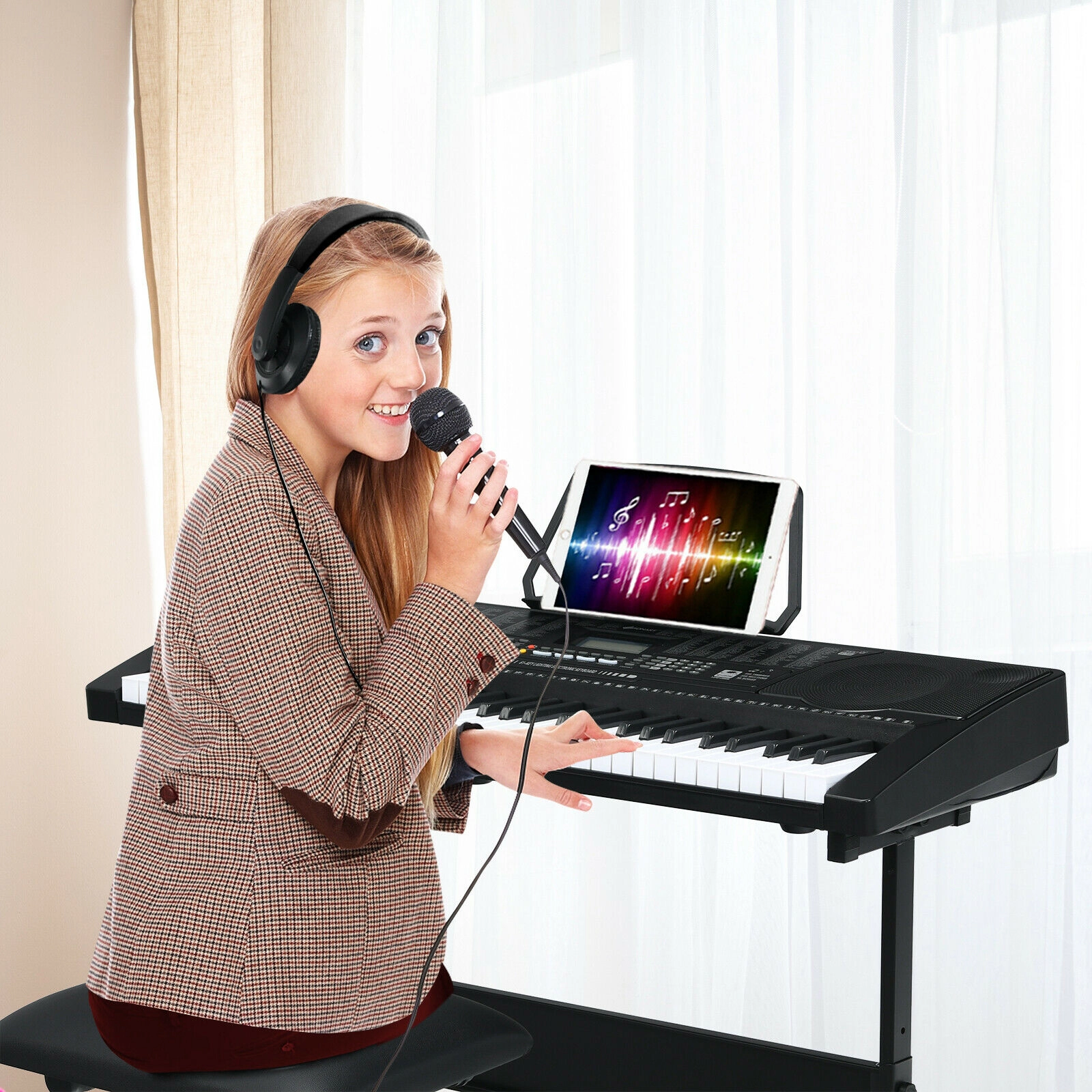SUGIFT 61-Key 330-lb Stool Capacity Electronic Keyboard Piano with 3-Height Stand and 61 Light-Up Keys