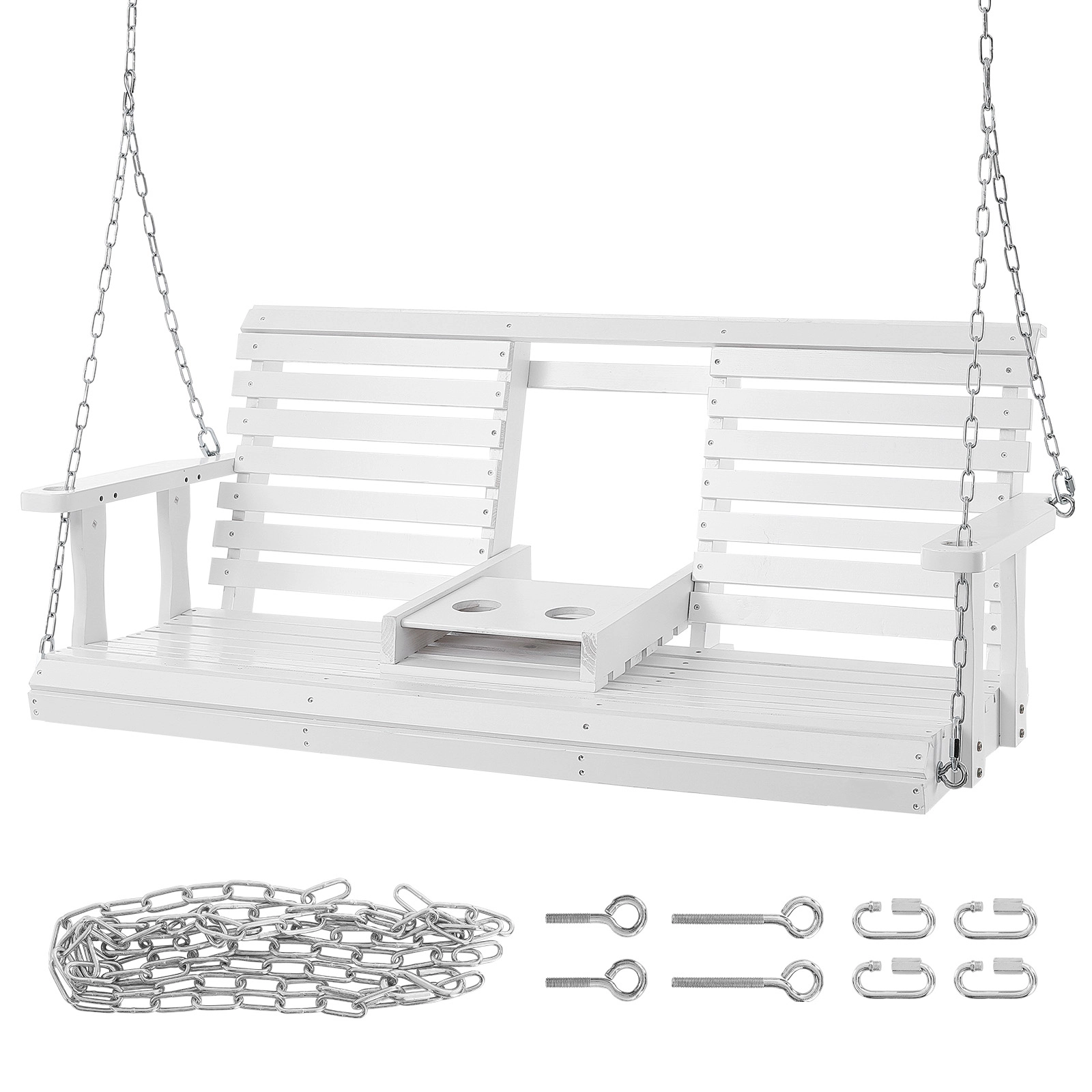 HONGGE 5 ft Cedar Wood Porch Swing with Foldable Cup Holder & Hanging Chains, Patio Bench Seat, 880 lb Capacity, White