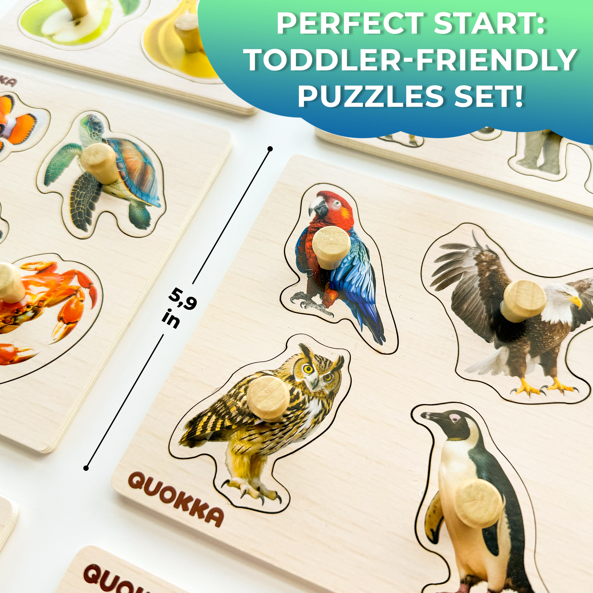 QUOKKA Wooden Peg Puzzle Set for Toddlers Ages 1–3, 6-Pack Animal, Fruit, Vehicle & Shape Puzzles