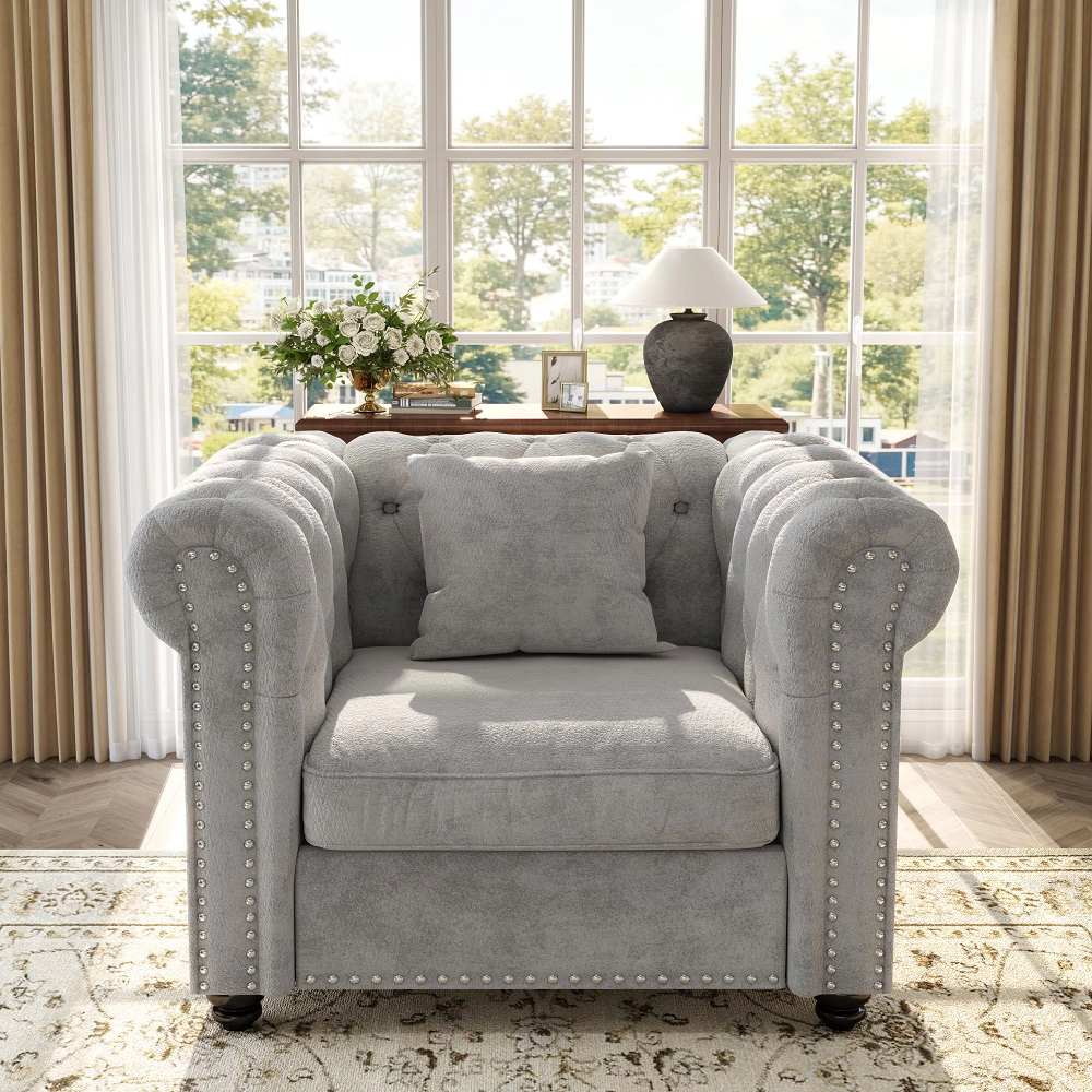 RENDGO Chesterfield Tufted Sofa with Rolled Arms Chenille Deep Seat Sofas Chair for Living Room Apartment Office