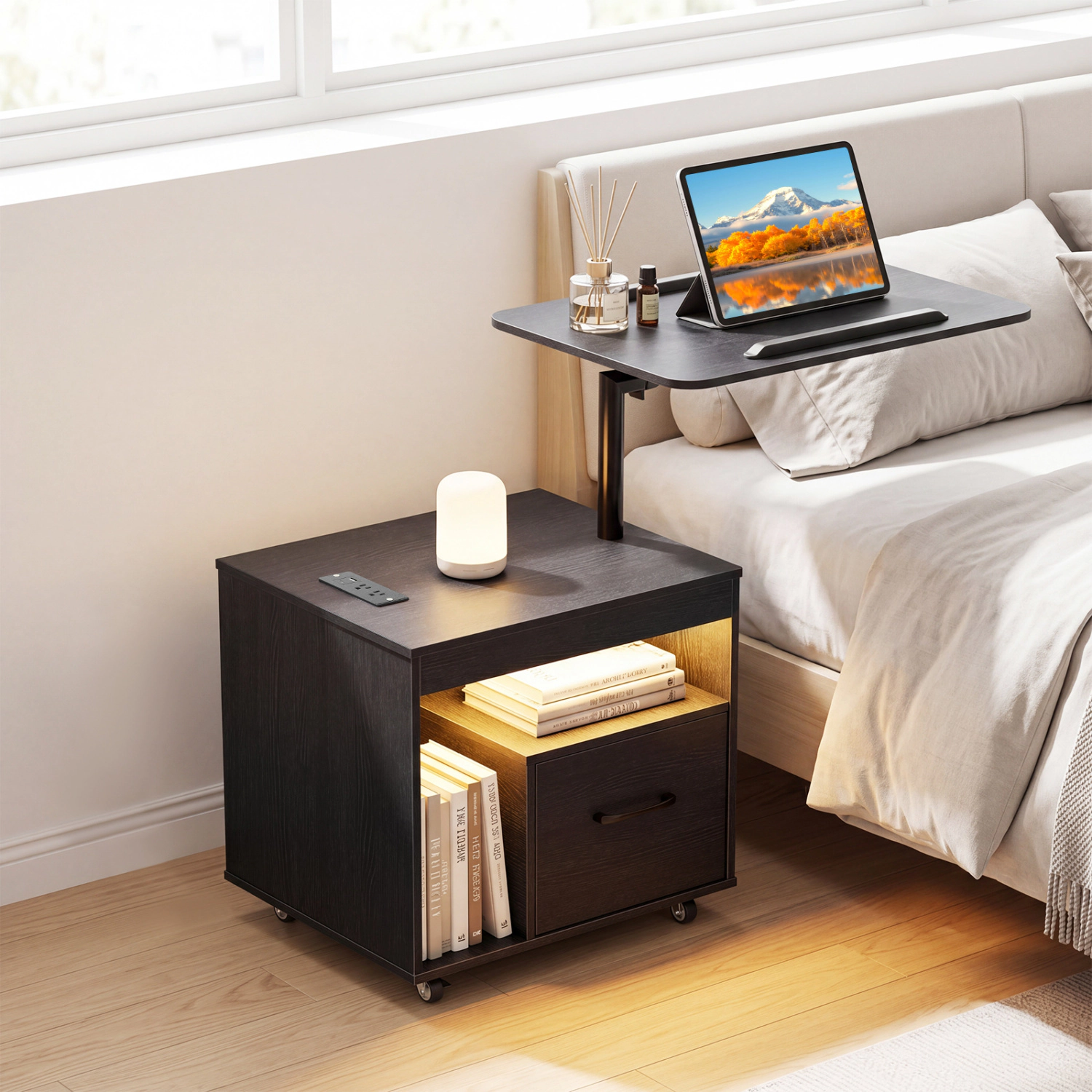 LJG LED Nightstand with Power Outlets Modern Bedside Table Flip Over