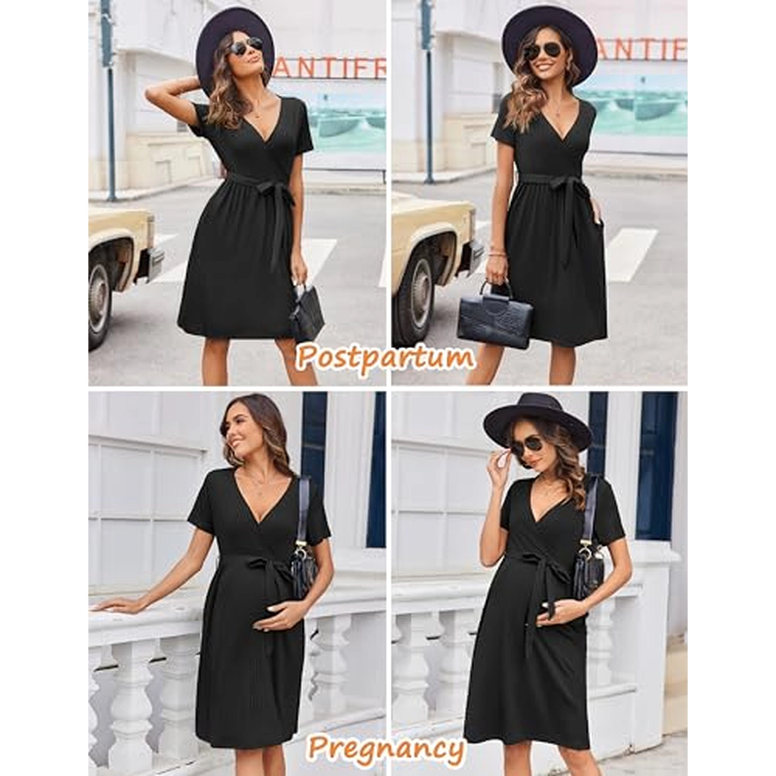 Ekouaer Women's V Neck Short Sleeve Ribbed Wrap Maternity Midi Dress