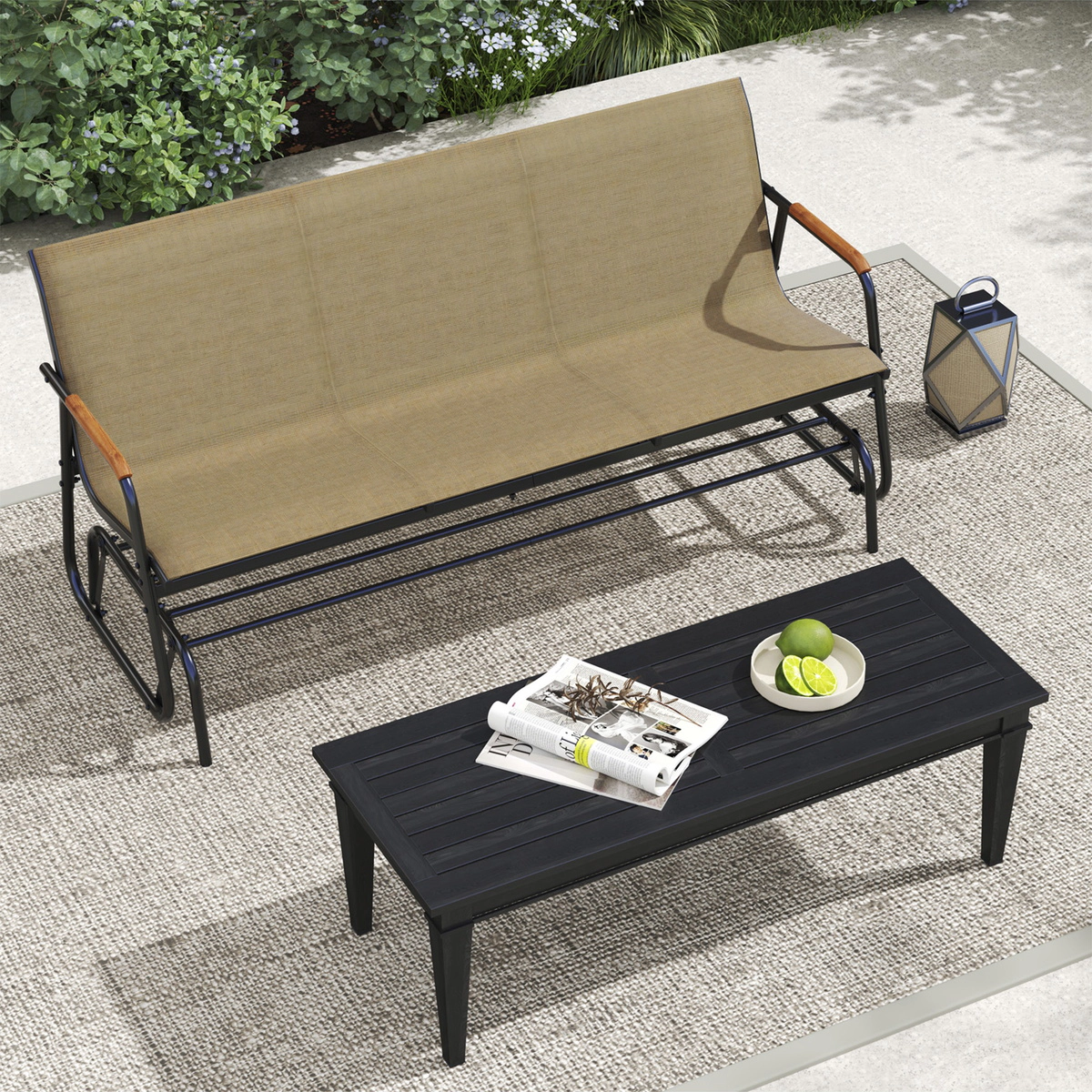 SUGIFT 3-Person Brown Outdoor Patio Glider Bench, 990-Lb Capacity, Teak Armrests