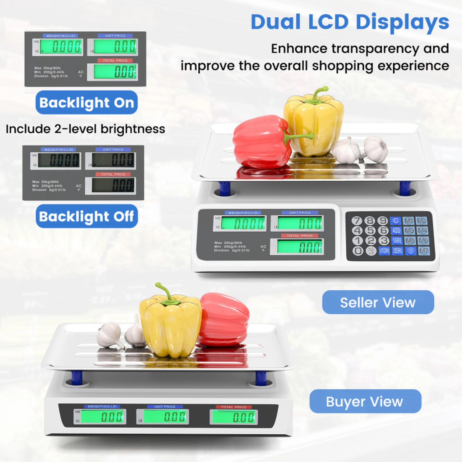 SUGIFT Silver Price Computing Food Scale with Dual Backlit Displays 13-in W 13.5-in D 5-in H 66-lb Scale Capacity