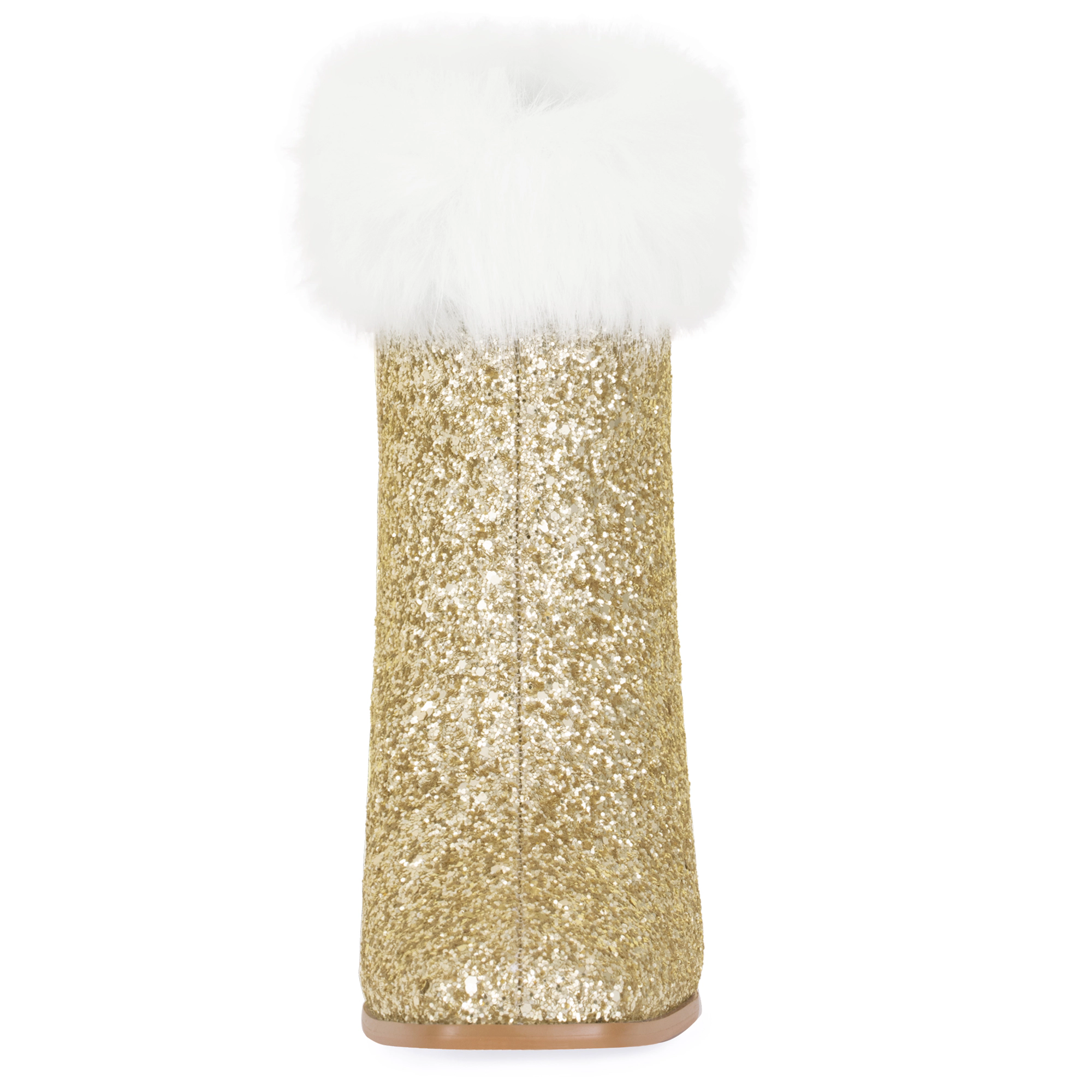 BLISSFUL STEP Faux Fur Glitter Square Toe Chunky Heel Ankle Boots for Women