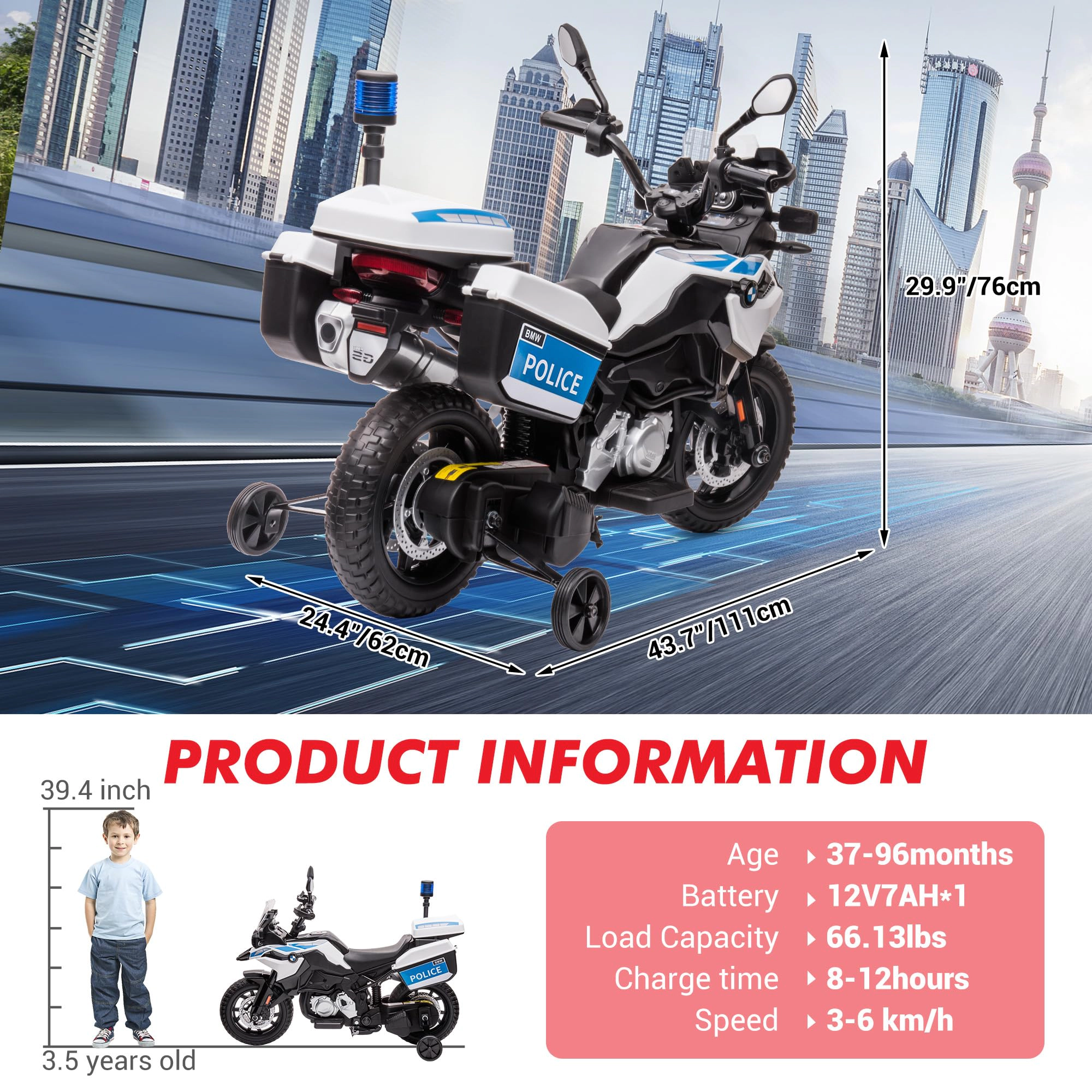 12V Licensed BMW Police Motorcycle for Kids, Ride On Bike w/High-Low Speed, LED Lights, 2 Storage Boxes & Suspension