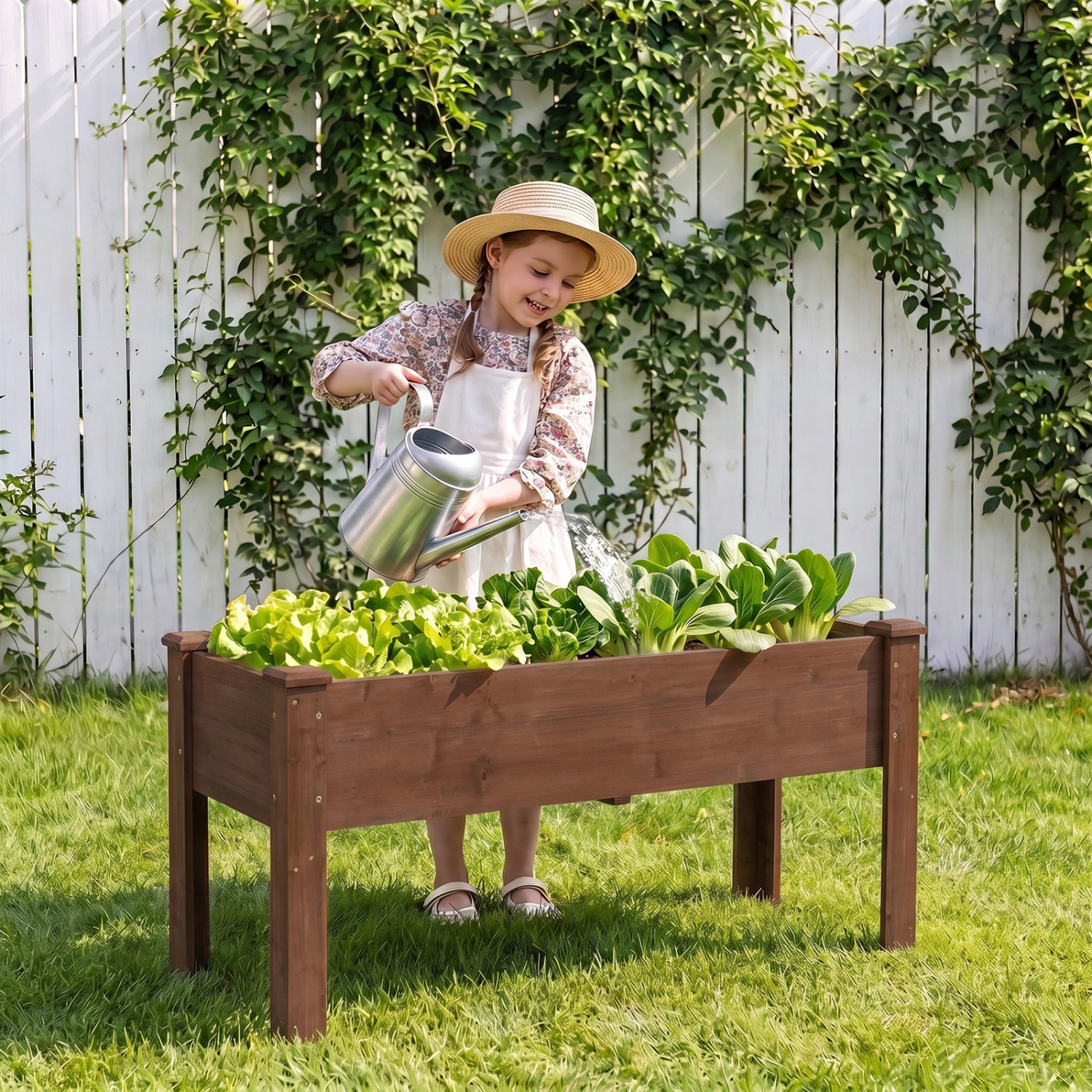 LJG Wooden Raised Garden Bed with Legs Elevated Planter Box Drainage Holes
