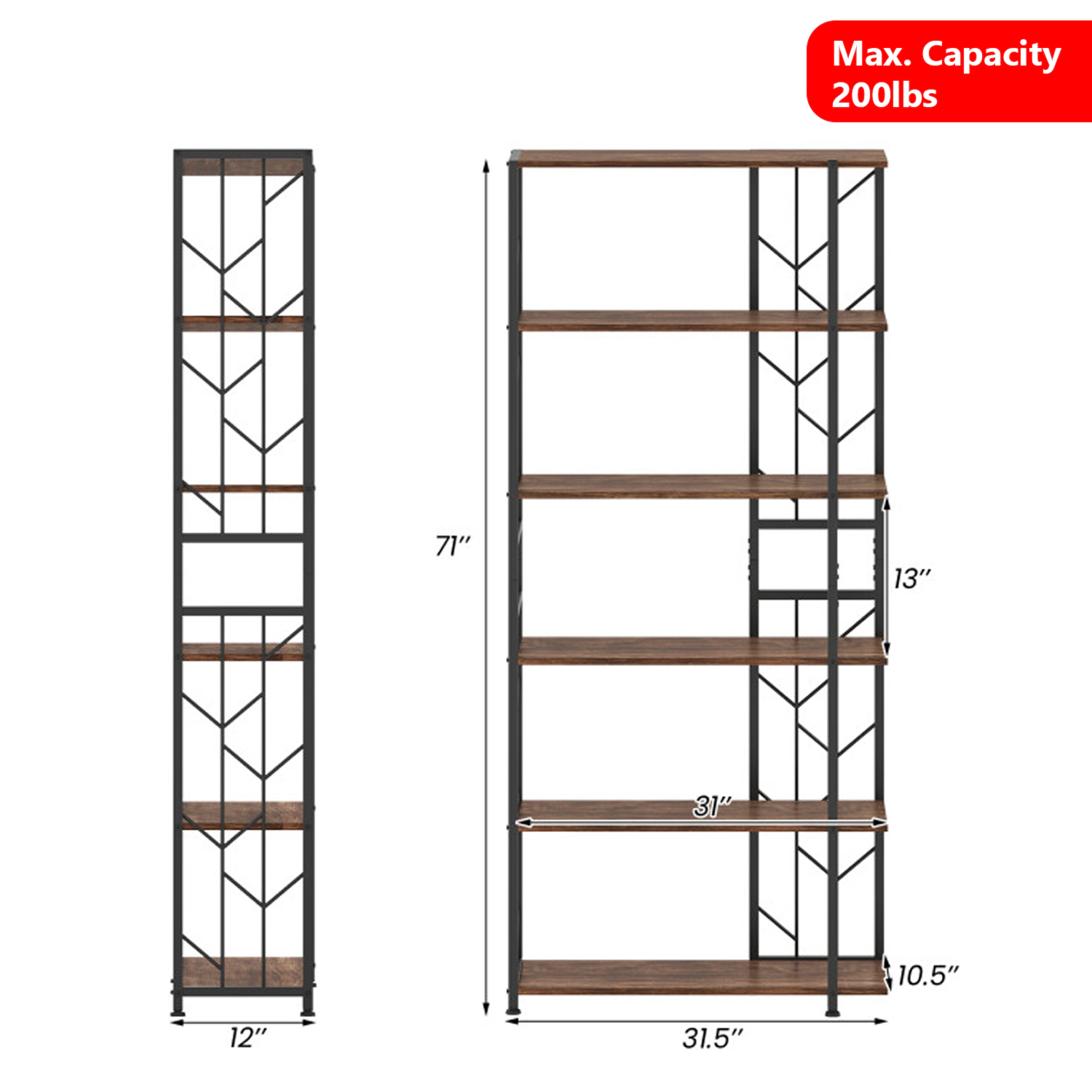 Hivvago Modern Industrial 6-Shelf Bookcase with Reinforced Metal Frame