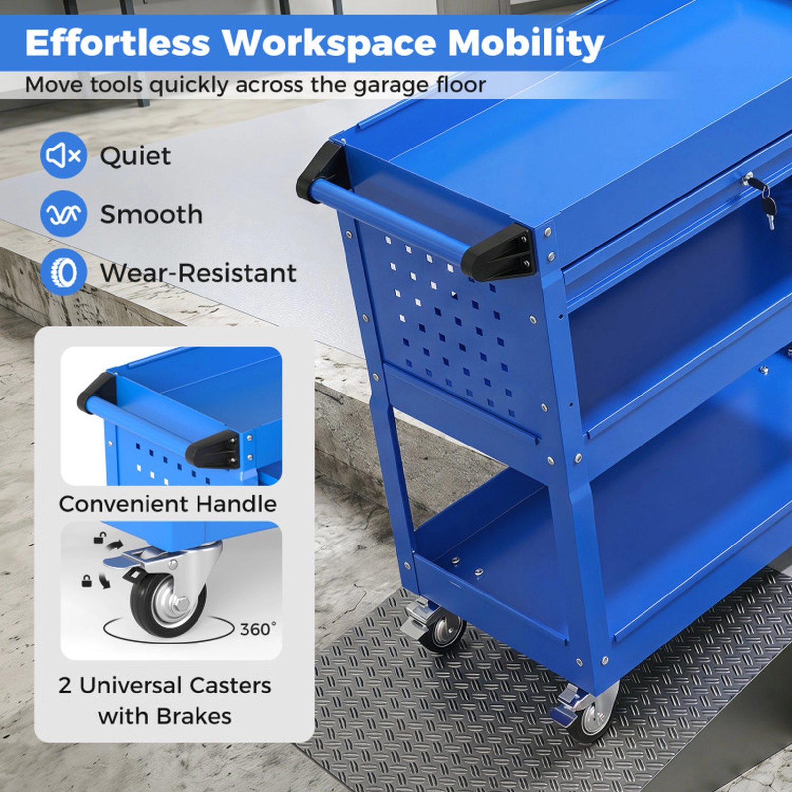 SUGIFT 3-Tier Lockable Drawer 4 Hooks Pegboard Metal Rolling Tool Cart 33-in x 14-in x 30-in 350-lb Capacity Blue