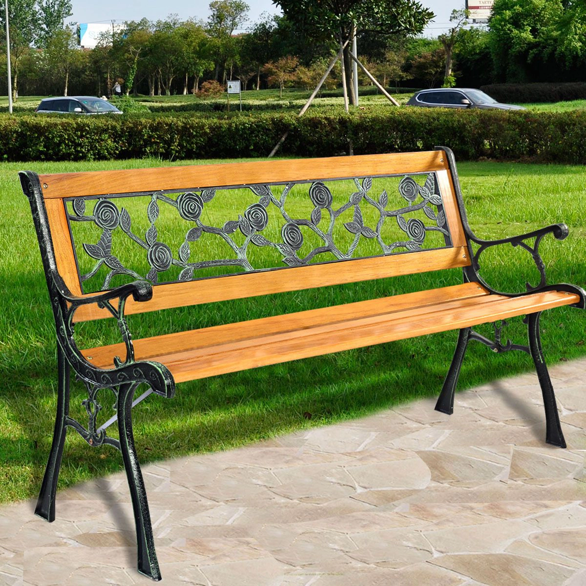 SlickBlue 3 Person Outdoor Bench with Cast Iron Frame and Wood Slat Seat