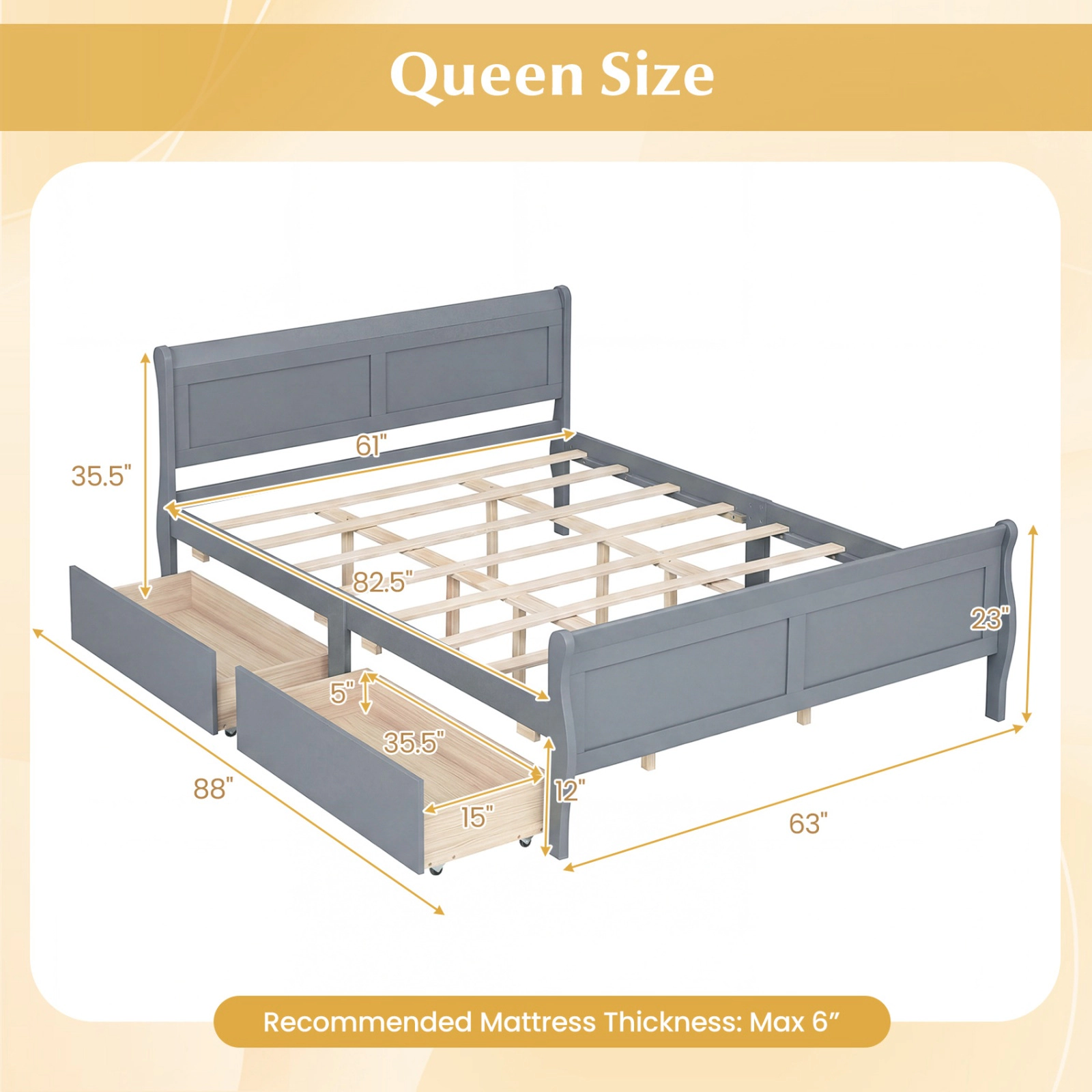 SUGIFT Queen Size Bed Frame with Modern Headboard Footboard and 2 Storage Drawers 350-Lb Capacity Gray