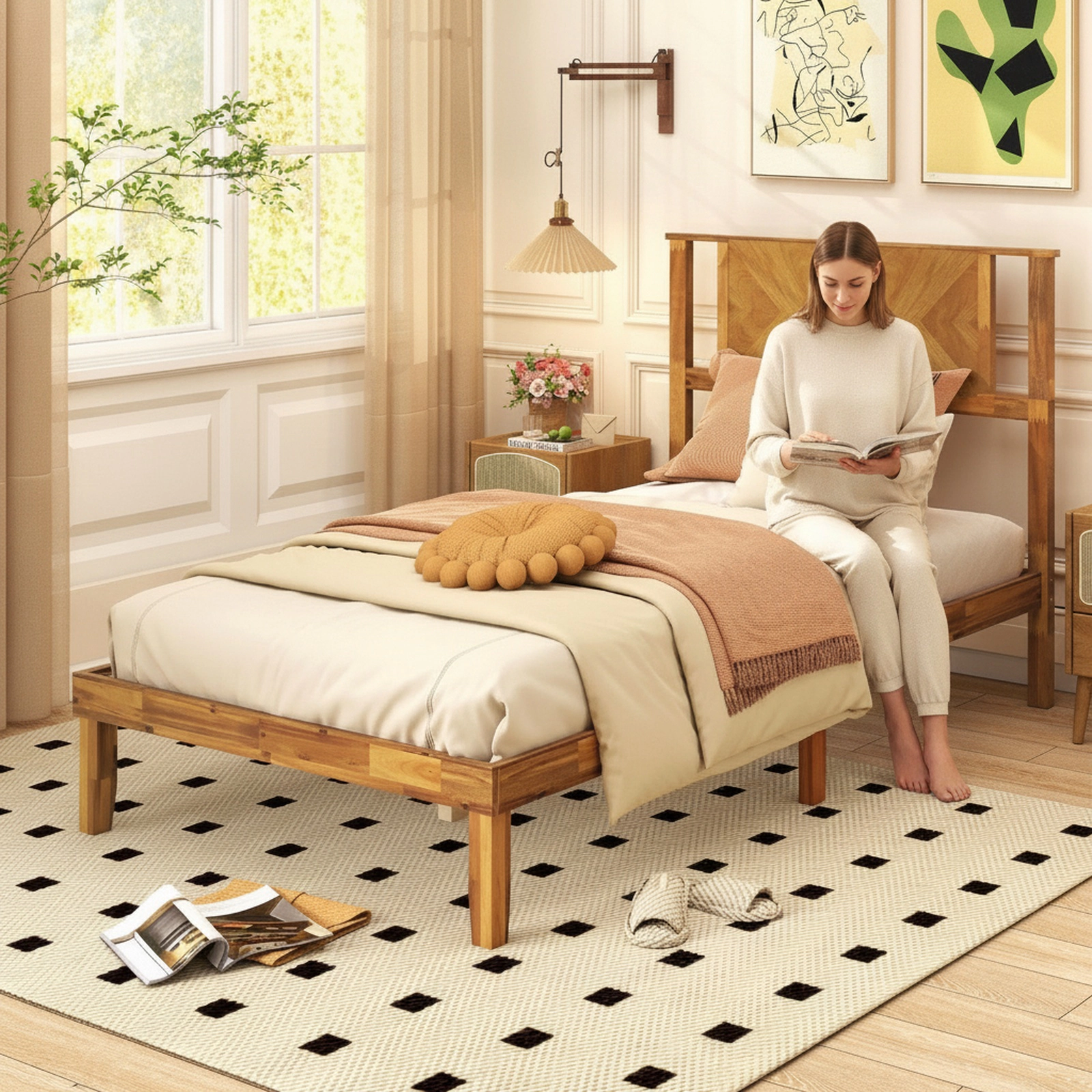 SUGIFT Twin Acacia Wood Platform Bed Frame with Mid-Century Headboard