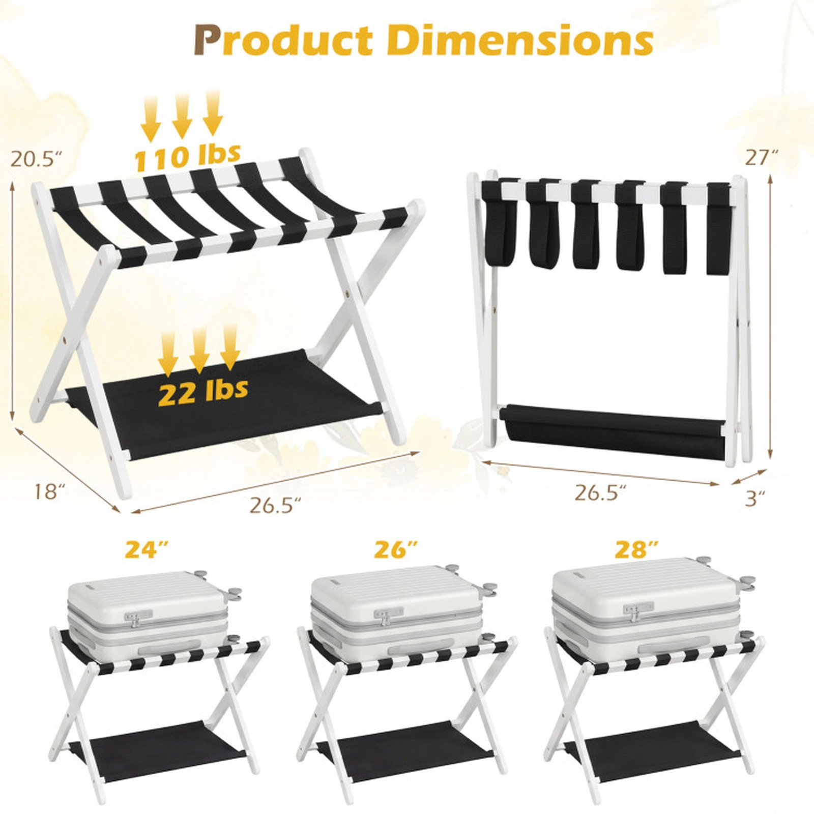 SUGIFT Solid Rubberwood Folding Luggage Rack with Nylon Shelves 110-lb Upper Layer and 22-lb Bottom Capacity White