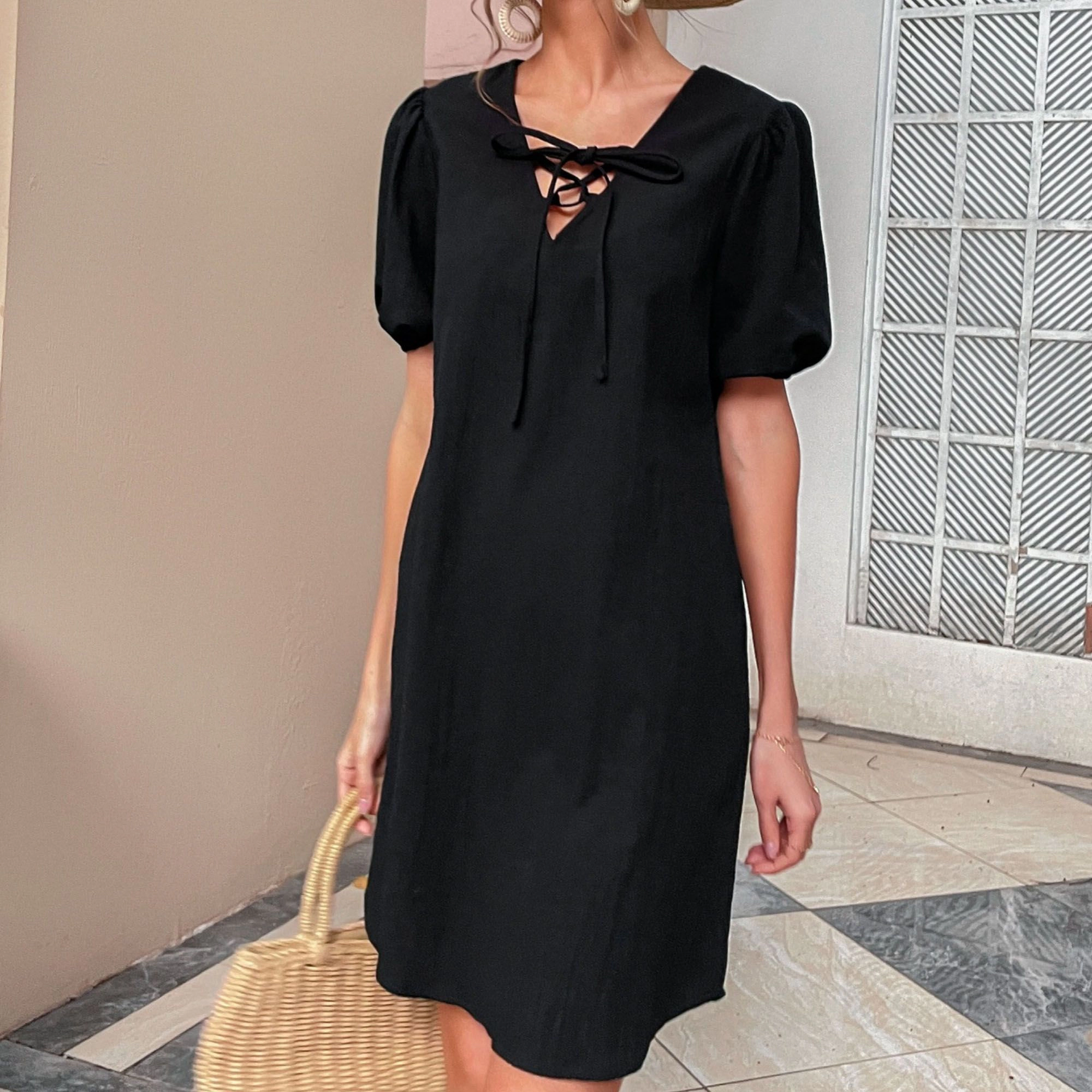 Anna-Kaci Women's Puff Sleeve Mini Dress with Lace-Up Neckline and Relaxed Woven Fit