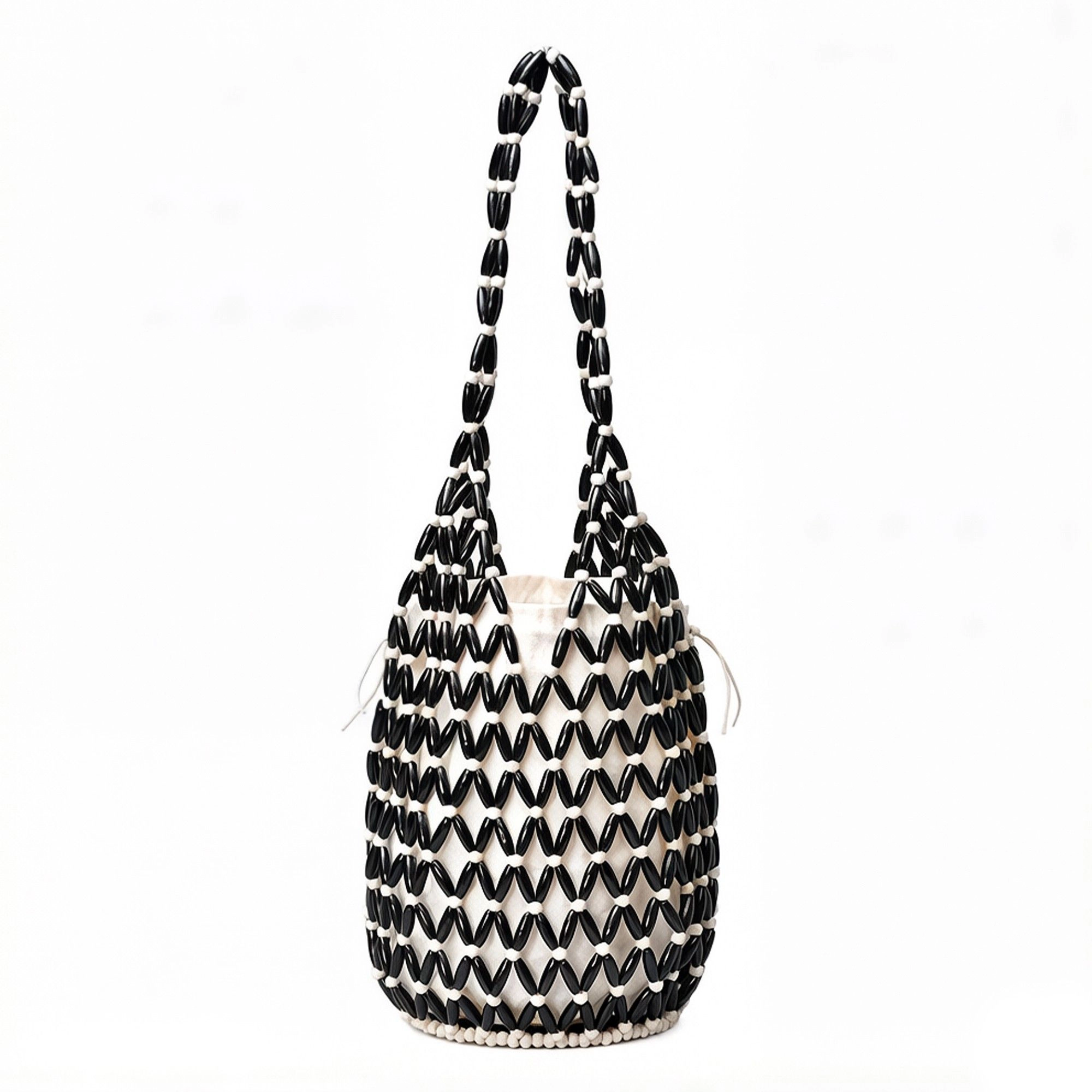 Alilang Women's Beaded Bucket Bag with Inner Pouch Open Weave Wooden Bead Shoulder Handbag Lightweight Drawstring Tote