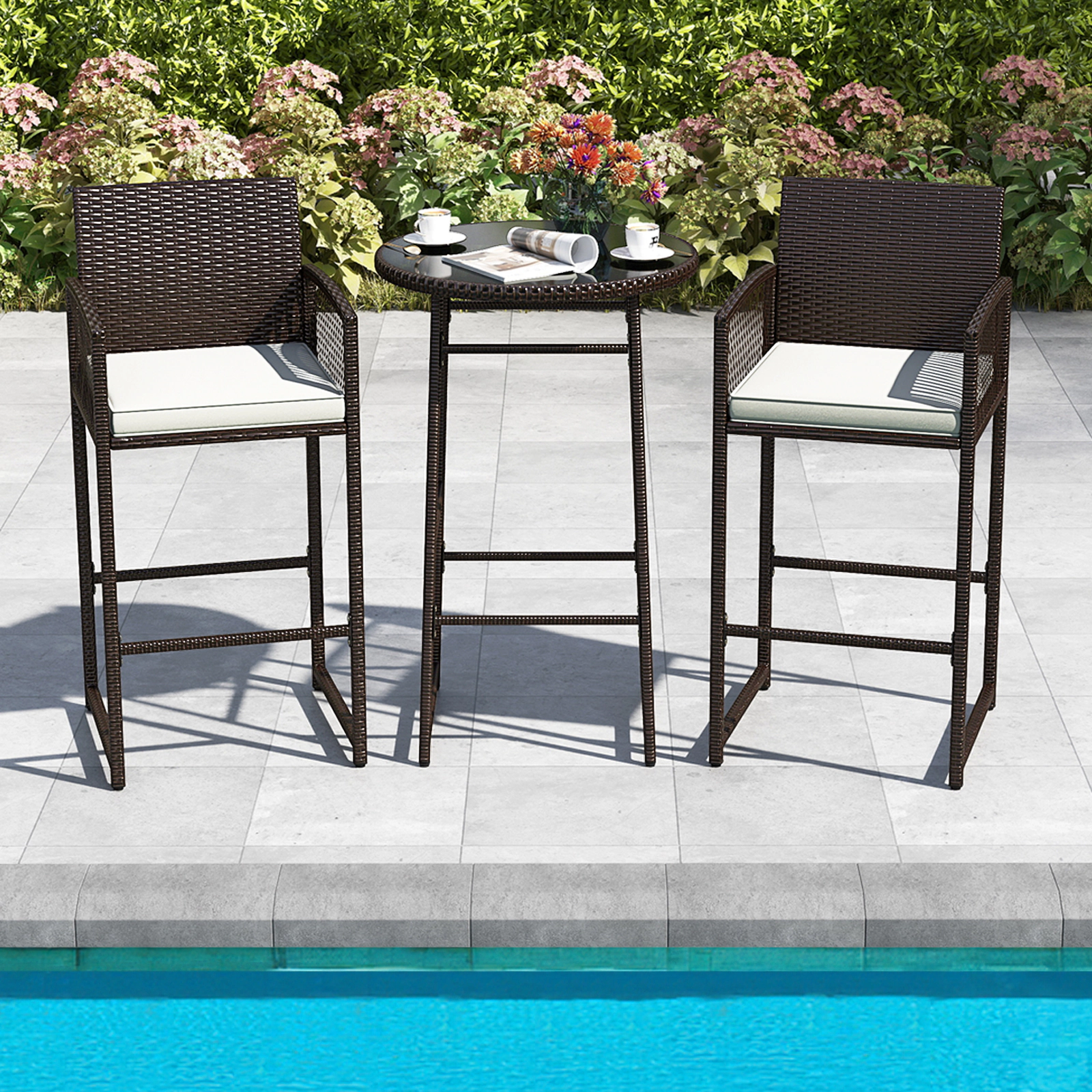SUGIFT Patio Bar Set with Bar-Height Table and Armchairs 400-lb Chair Capacity Mix Brown Rattan Off White Cushions