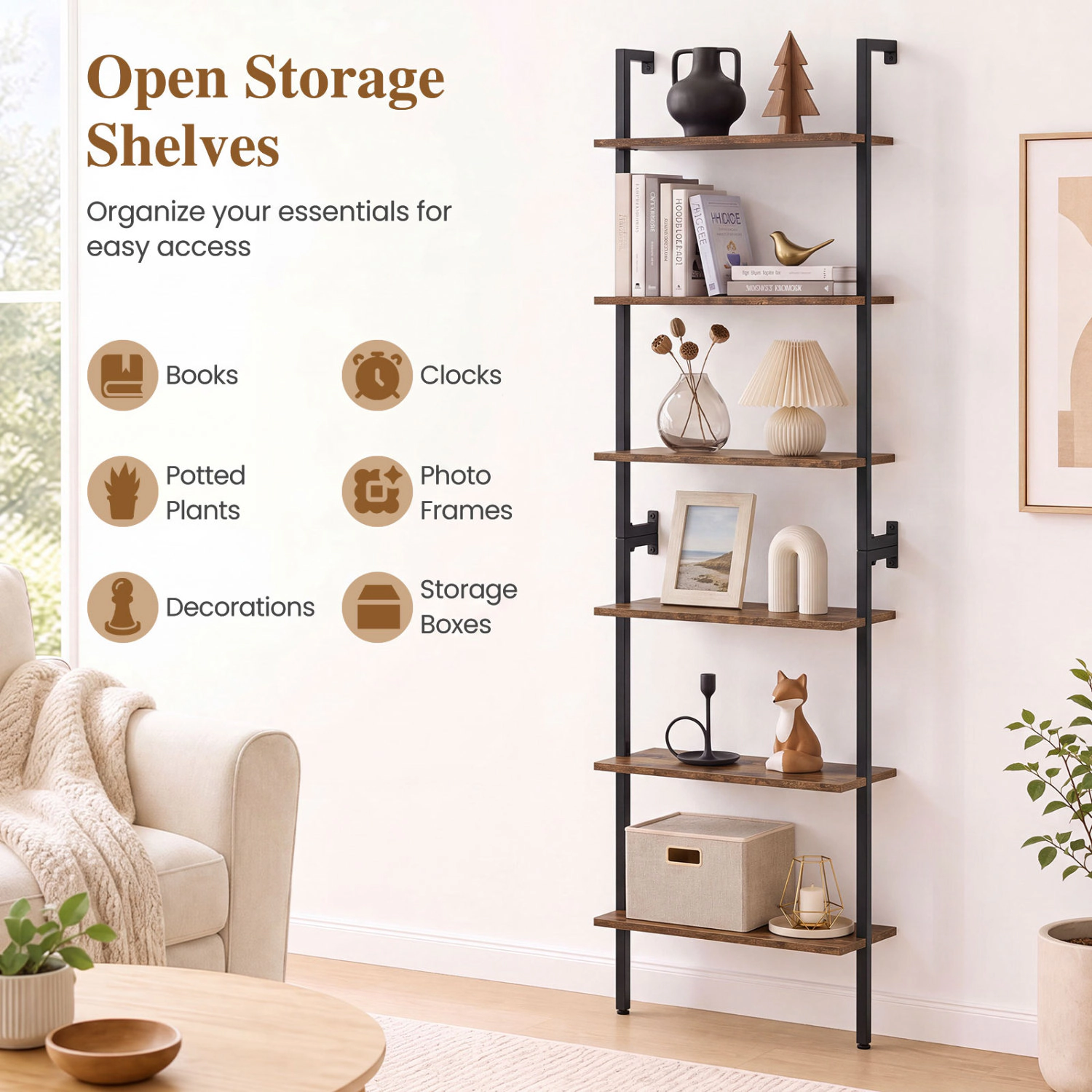LJG 6-Tier Freestanding Ladder Storage Bookshelf with Metal Frame for Study and Pantry