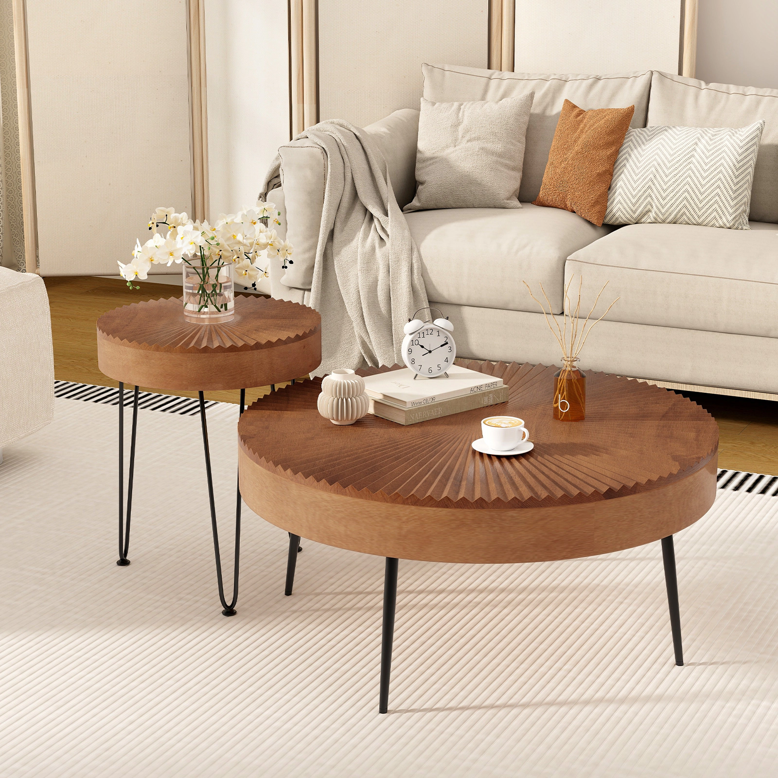 Glintex 2-Piece Round Pine Wood Coffee Table Set with Triangular Metal Legs, Coffee