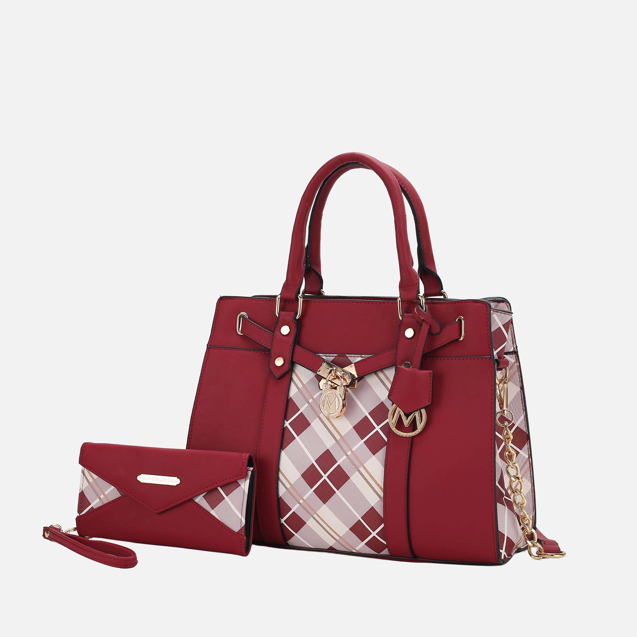 MKF Collection Christine Plaid Vegan Leather Satchel with Wristlet Wallet, Burgundy Red
