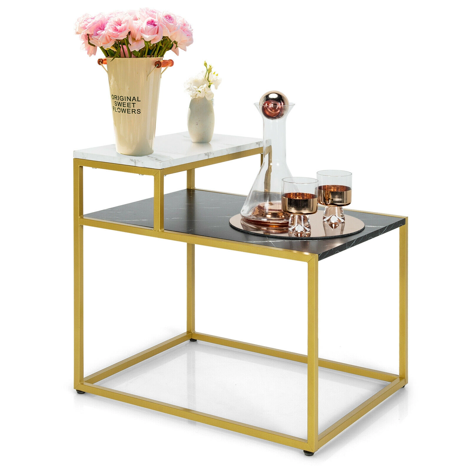 Glintex 2-Tier Stepped End Table with Marble-Pattern Top and Steel Tube Frame, White
