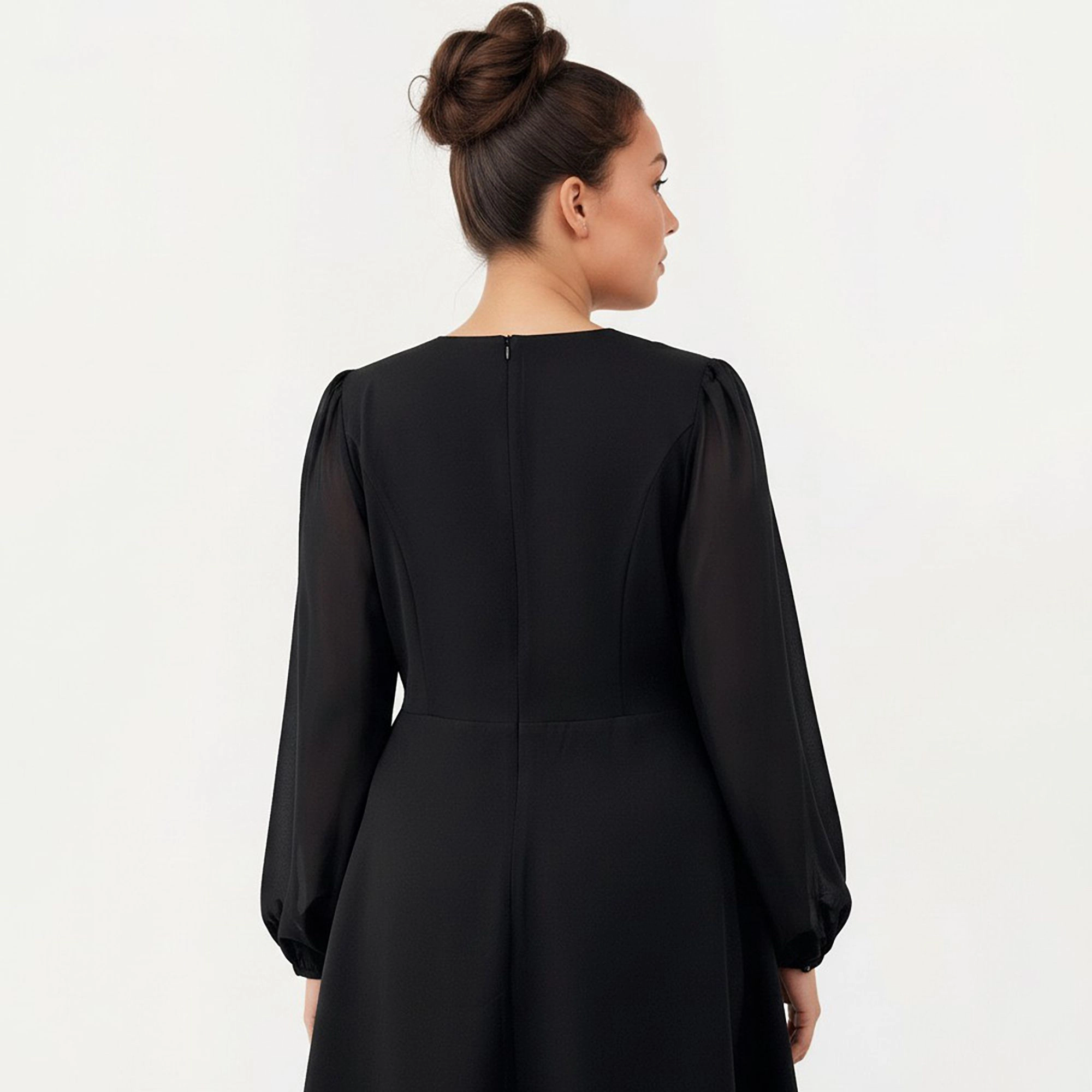 Anna-Kaci Women's Plus Size Long Sleeve Square Neck Pleated Waist Detail Flowy A Line Silhouette Midi Dress