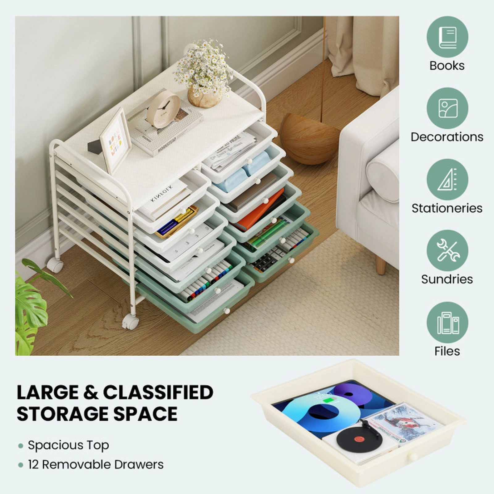 SUGIFT Green Gradient 12-Drawer Rolling Storage Cart Student Study and Craft Station with Locking Casters