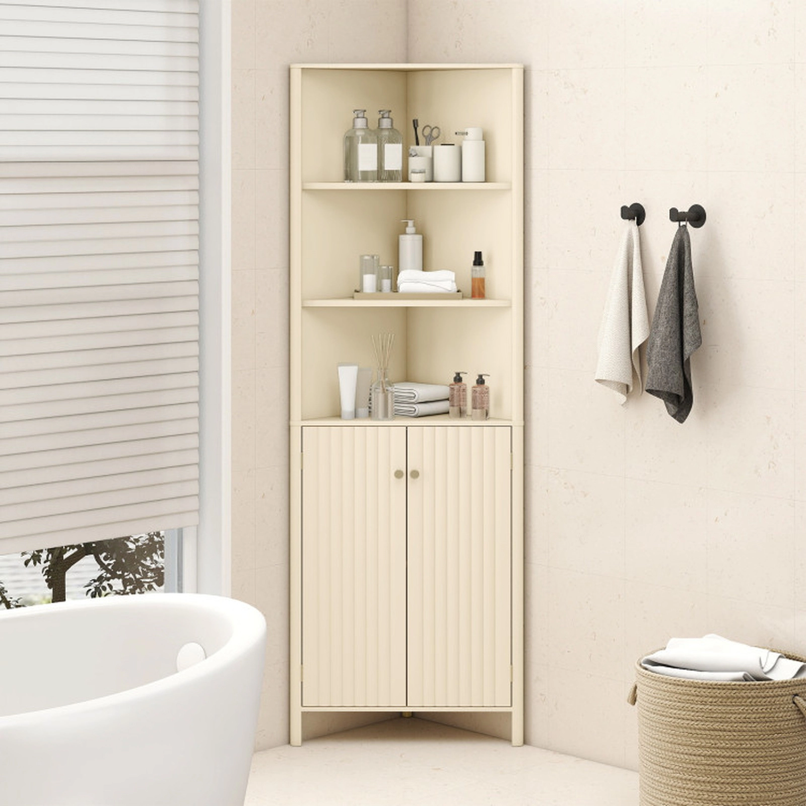 SUGIFT Corner Bathroom Cabinet with 5 Shelves and 2 Fluted Doors 22-lb Shelf Capacity 110-lb Total Capacity Beige