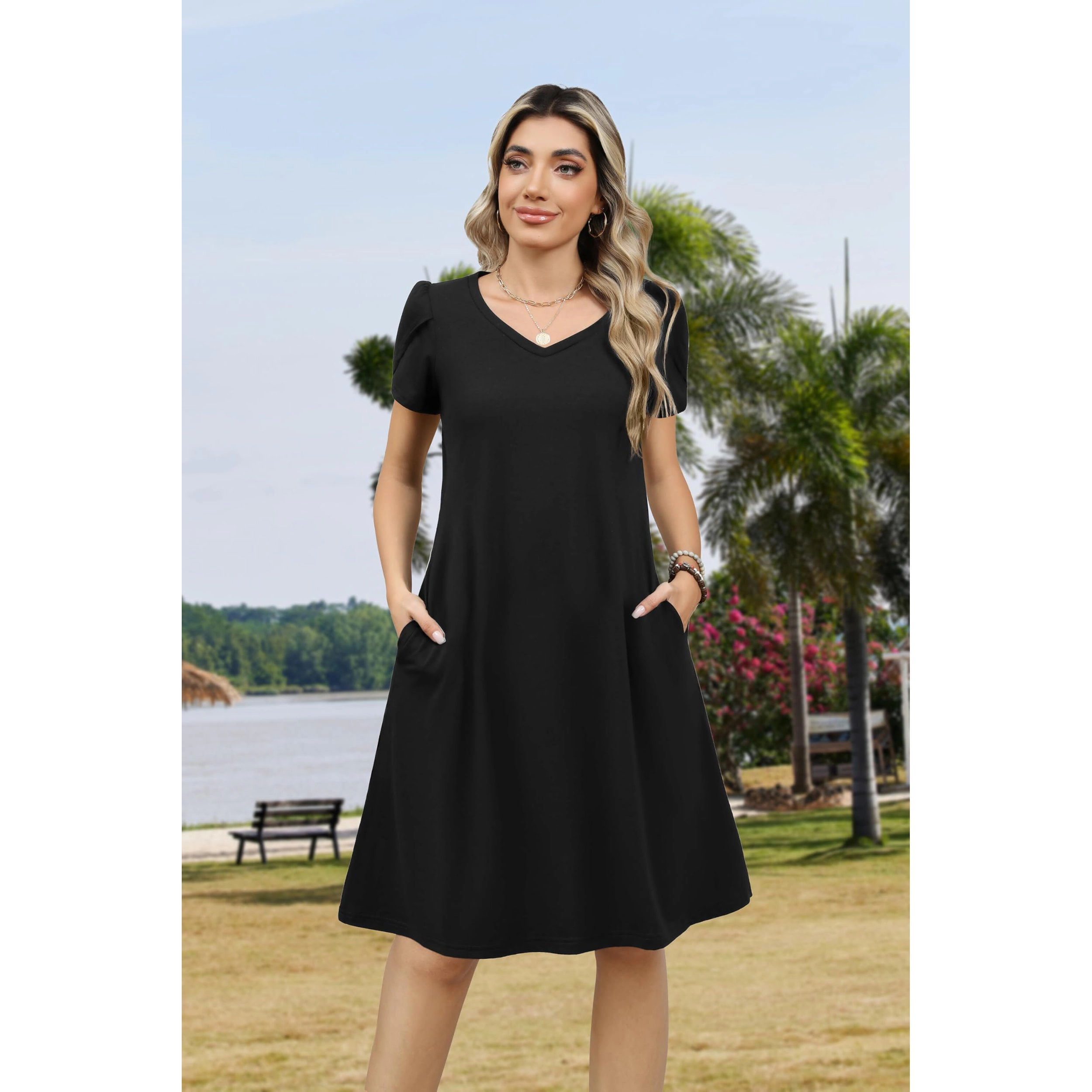 Zeagoo Women's V Neck Short Sleeve Knee Length Dress
