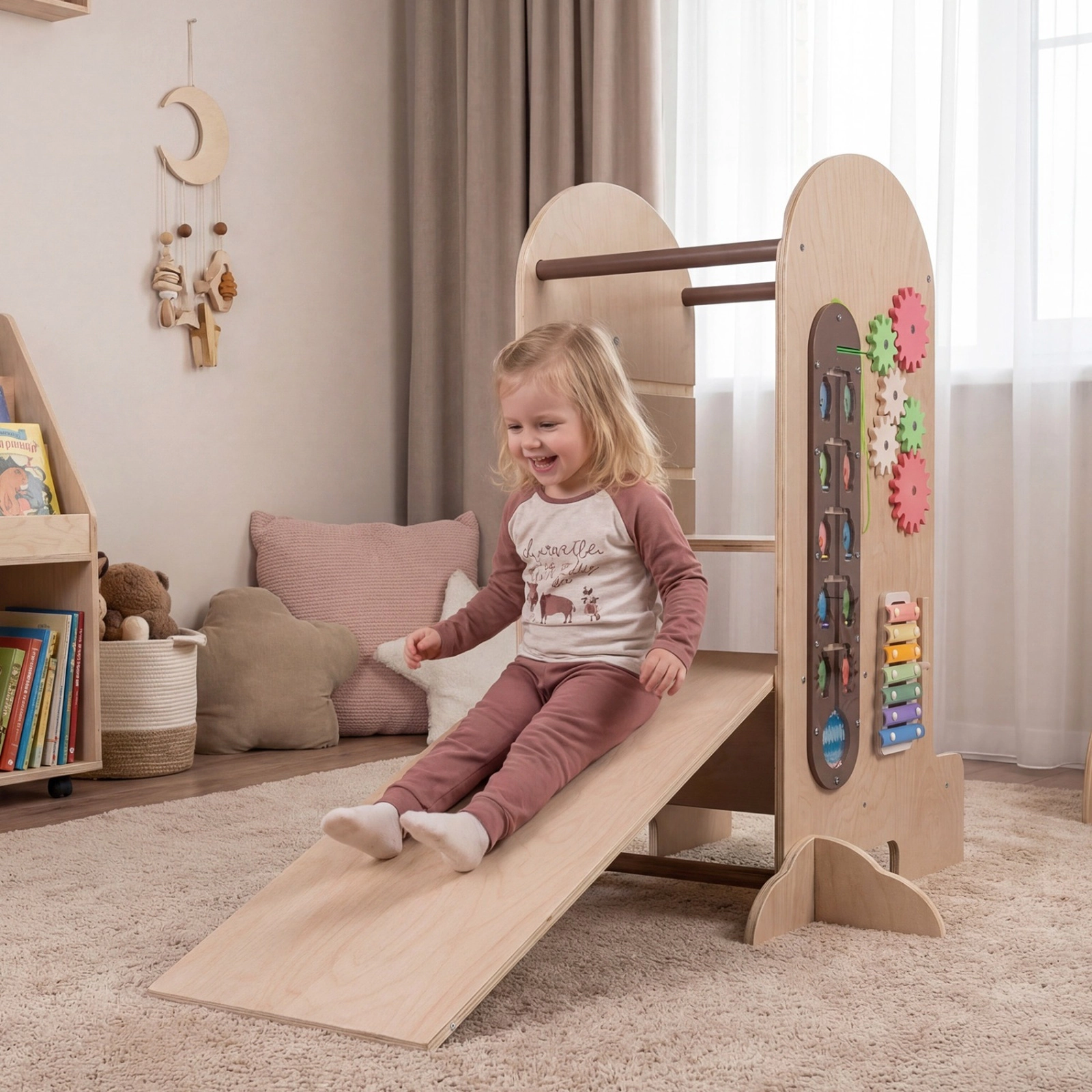 SUGIFT Natural Toddler Kitchen Helper Tower Stool with 3 Adjustable Heights Slide and Wood Chalkboard