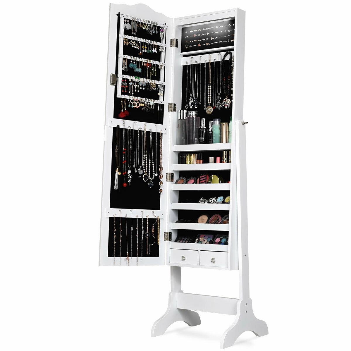 Slickblue 63 Inch Freestanding Jewelry Armoire with Full-Length Mirror, 14 LED Lights and Lockable Storage