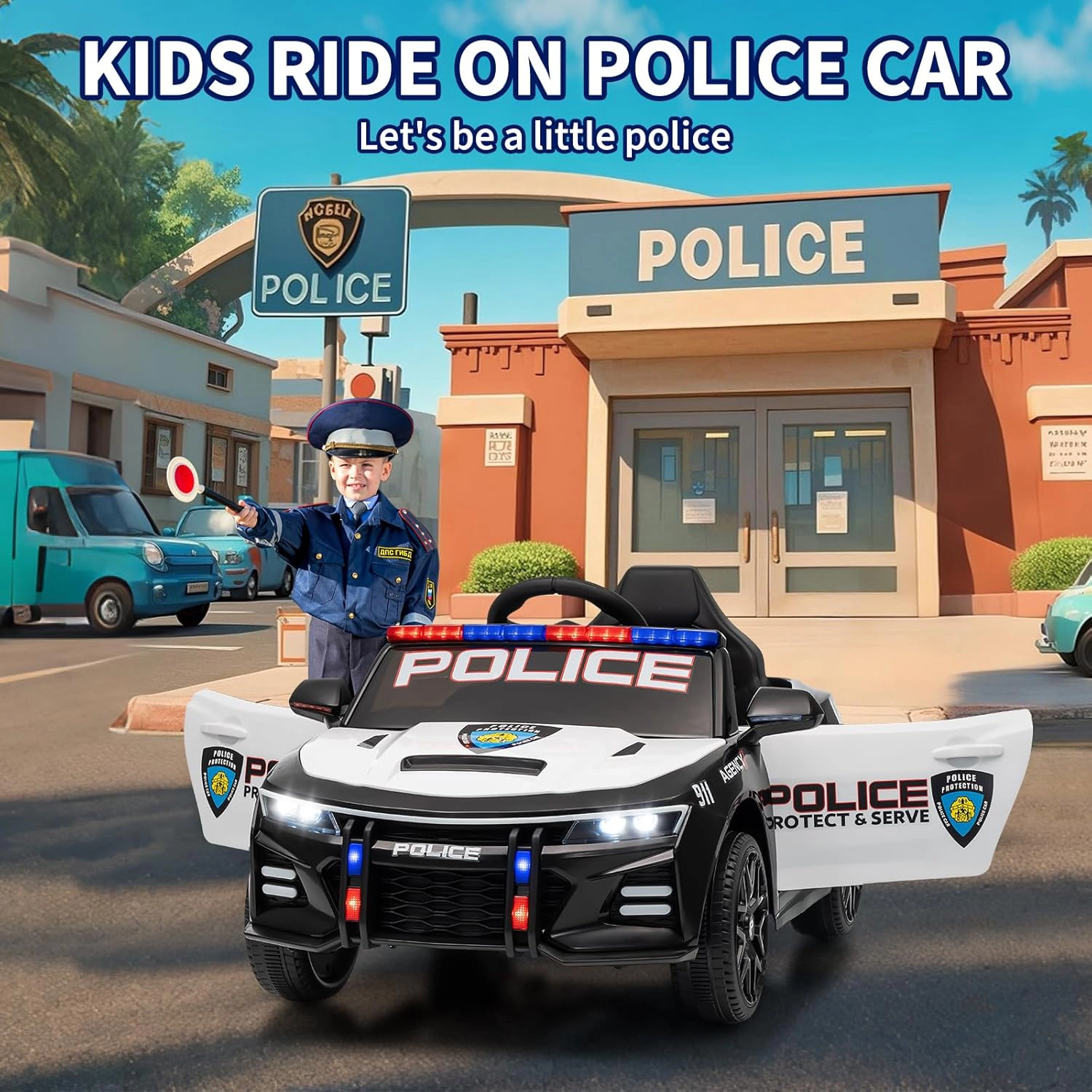 Kids Police Ride On Car, Battery Powered Electric Cop Car Toy w Remote, Emergency Tones,Flashing Lights,Music&Suspension