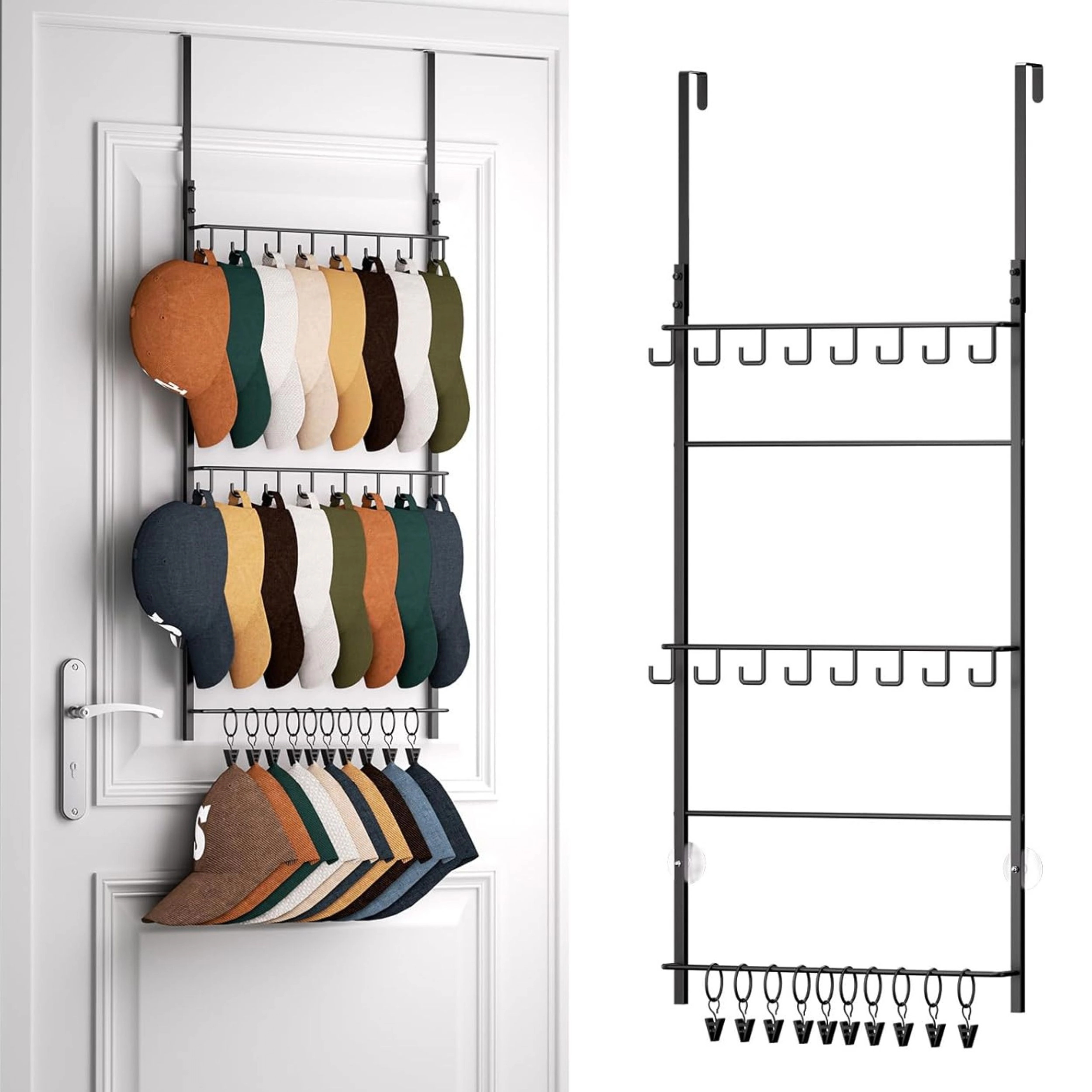 Stock Preferred Over Door Hat Rack Organizer with 16 Hooks and 10 Clips Holds 26 Caps Black