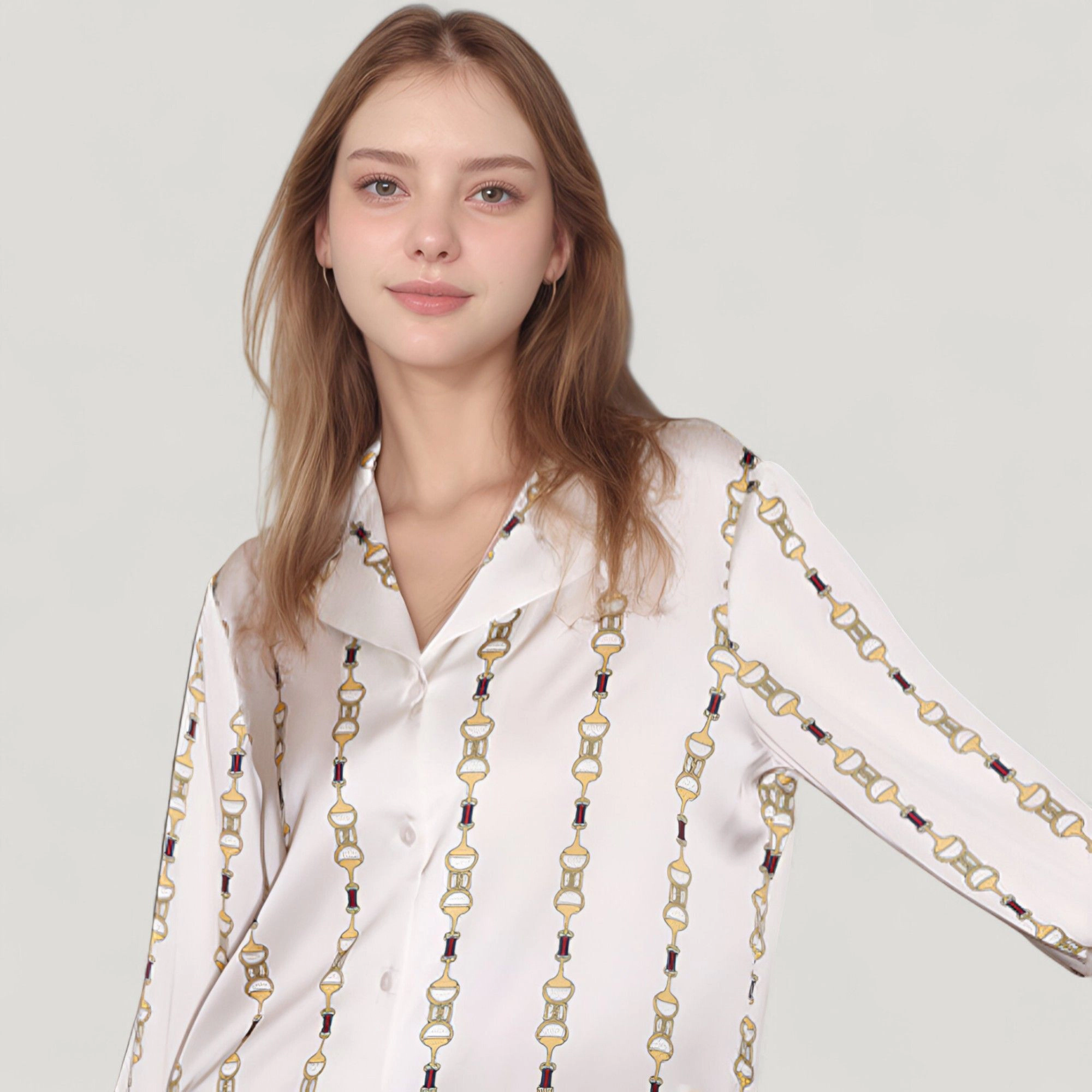 Anna-Kaci Women's Vertical Chain Print Pajama Set Long Sleeve Notch Collar Button Down Top and Silky Relaxed Woven Pants