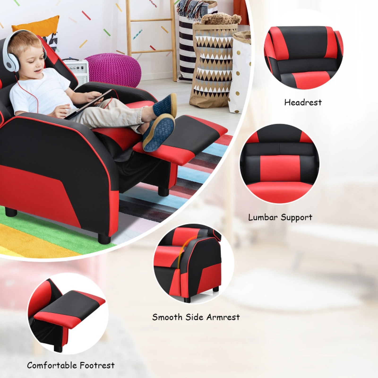 SUGIFT Kids Racing PU Leather Headrest Footrest Gaming Recliner 24-in x 27.5-in x 32-in 165-lb Capacity Ages 3+ Red