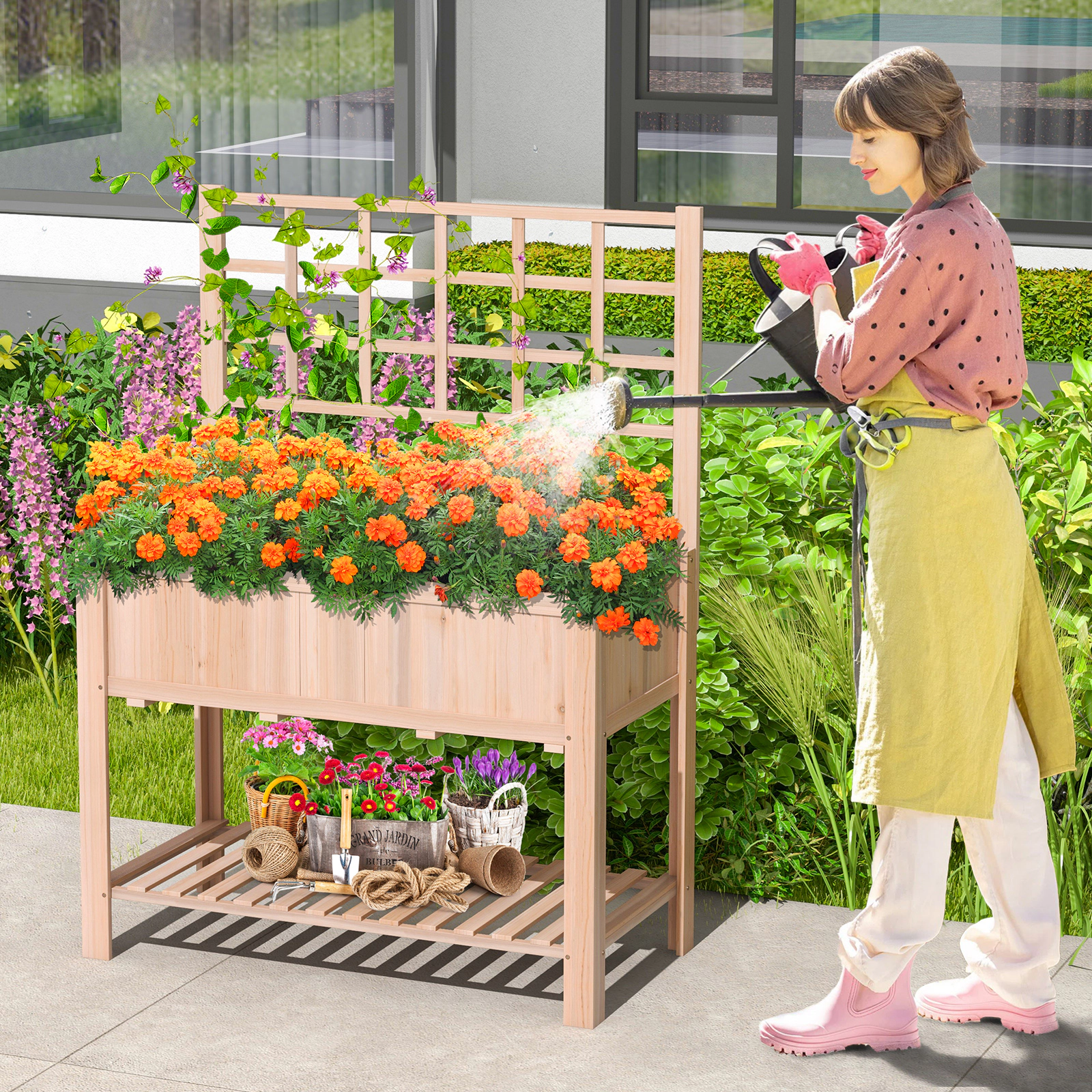 LJG Raised Garden Bed Elevated Wooden Planter Box with Trellis