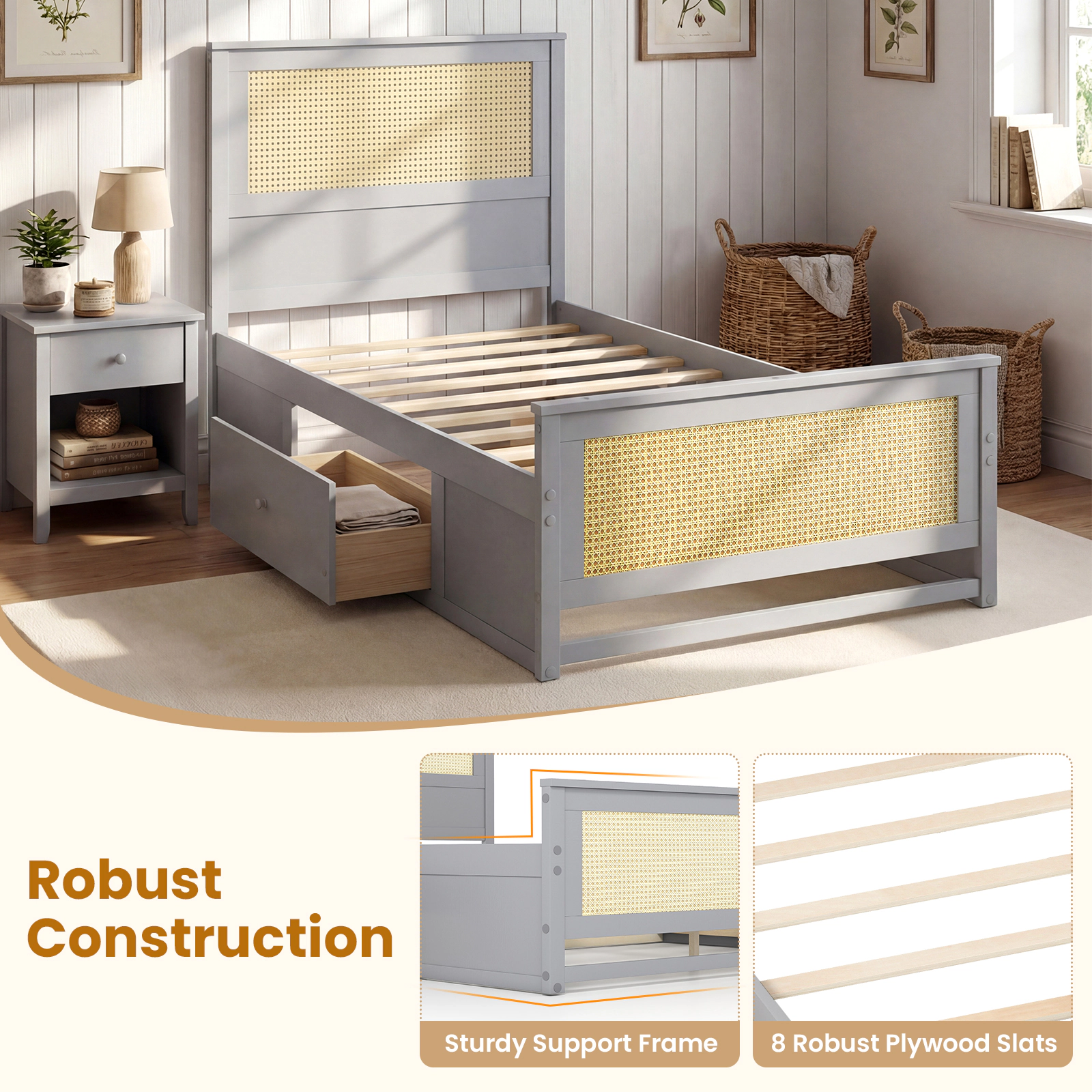 SUGIFT Gray 2 Storage Drawers and Wooden Slat Support Twin Size Rattan Bed Frame