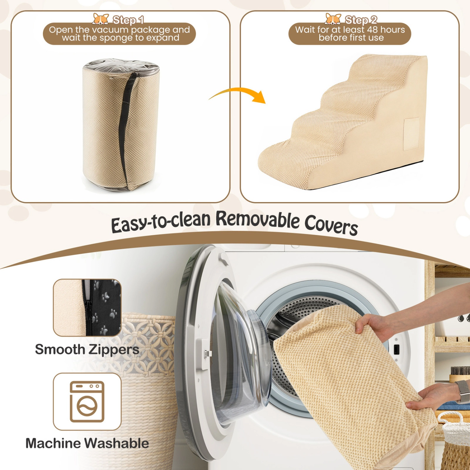 SUGIFT Beige 4-Tier Foam Dog Stairs with Washable Zippered Cover 28.5-in W 16-in D 20-in H 132-lb Step Capacity