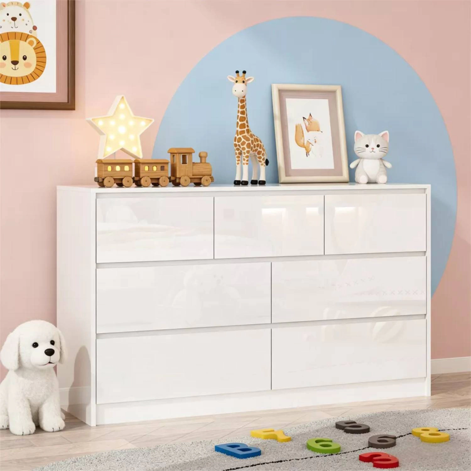 55" Full High Gloss Dresser with 7 Drawers, Modern Wide Storage Chest for Bedroom
