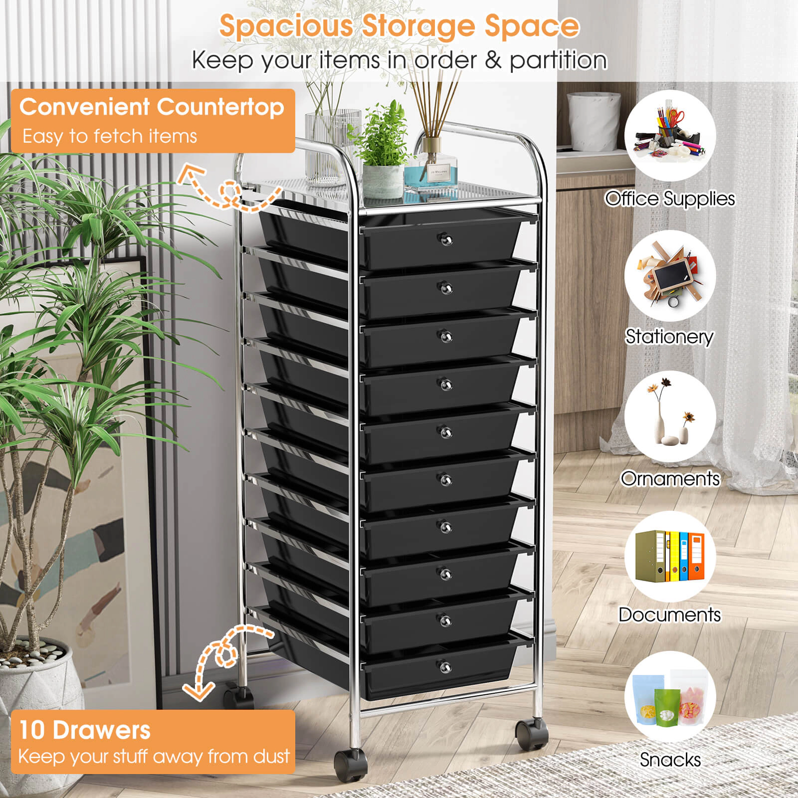 SUGIFT Black 13-in 10-Drawer Slim Rolling Cart Narrow Office Organizer with Pull-Out Trays and Wheels