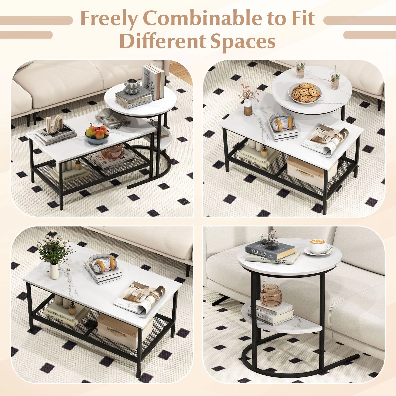 SlickBlue Faux Marble Coffee Table Set of 2  with Metal Frame Storage