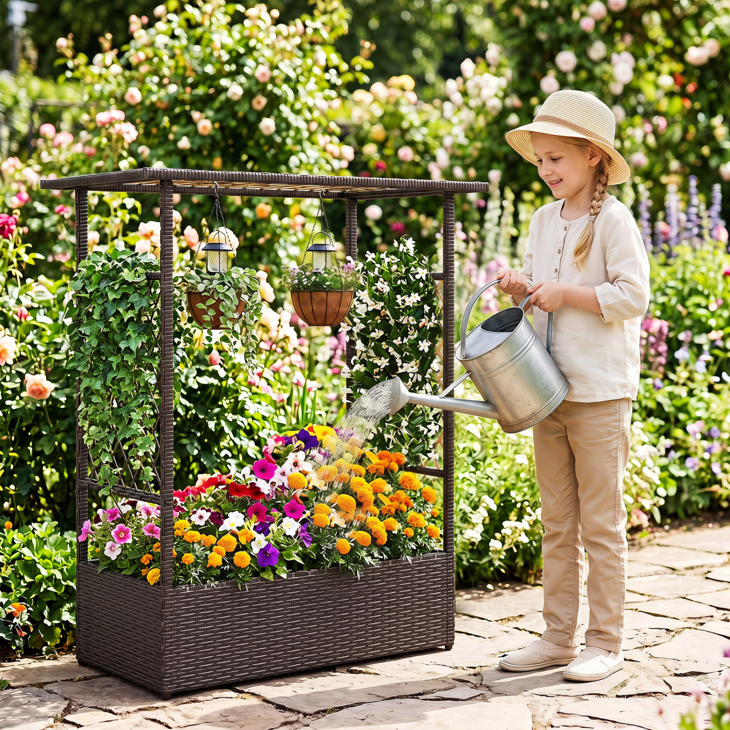 LJG 2-in-1 Raised Garden Bed with Hanging Roof and Trellises