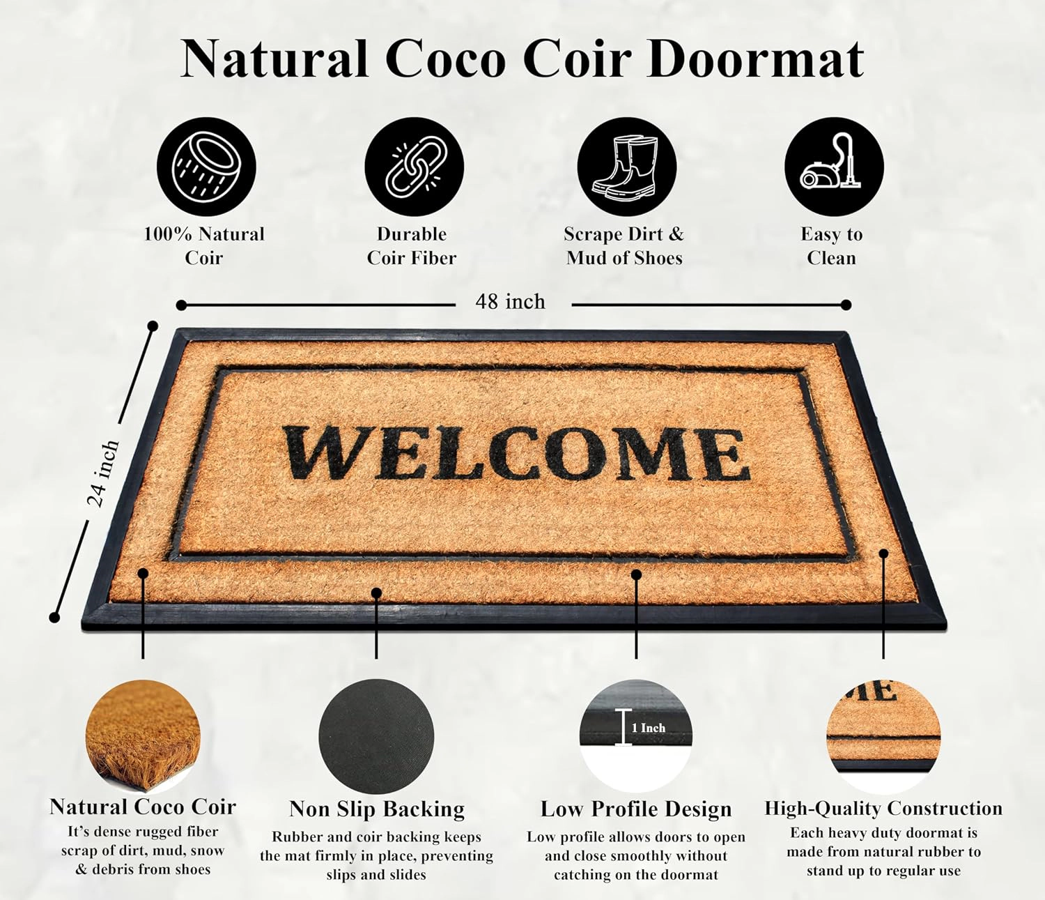 A1HC Coir and Rubber Door Mat 24x48 Inches Heavy Duty Non-Slip Durable Welcome Classic Border