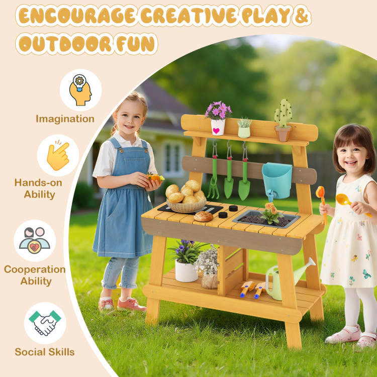 Hivvago Outdoor Mud Kitchen for Kids Wooden Play Kitchen Toy for Boys Girls Aged 3-8-Yellow
