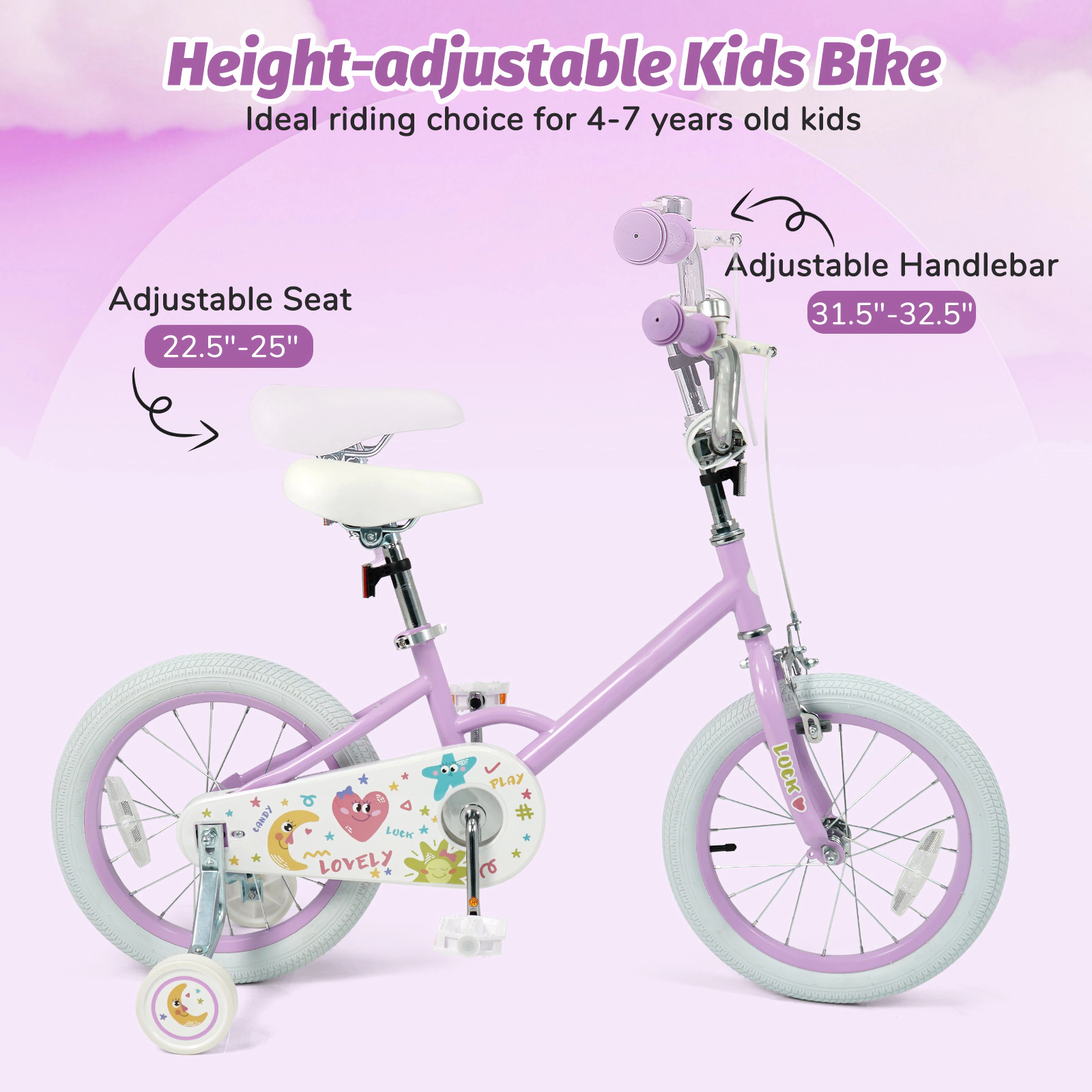 SUGIFT Adjustable 16-Inch Kids Bicycle with Training Wheels 110-lb Seat Capacity Ages 4-7 Purple Stars & Moon